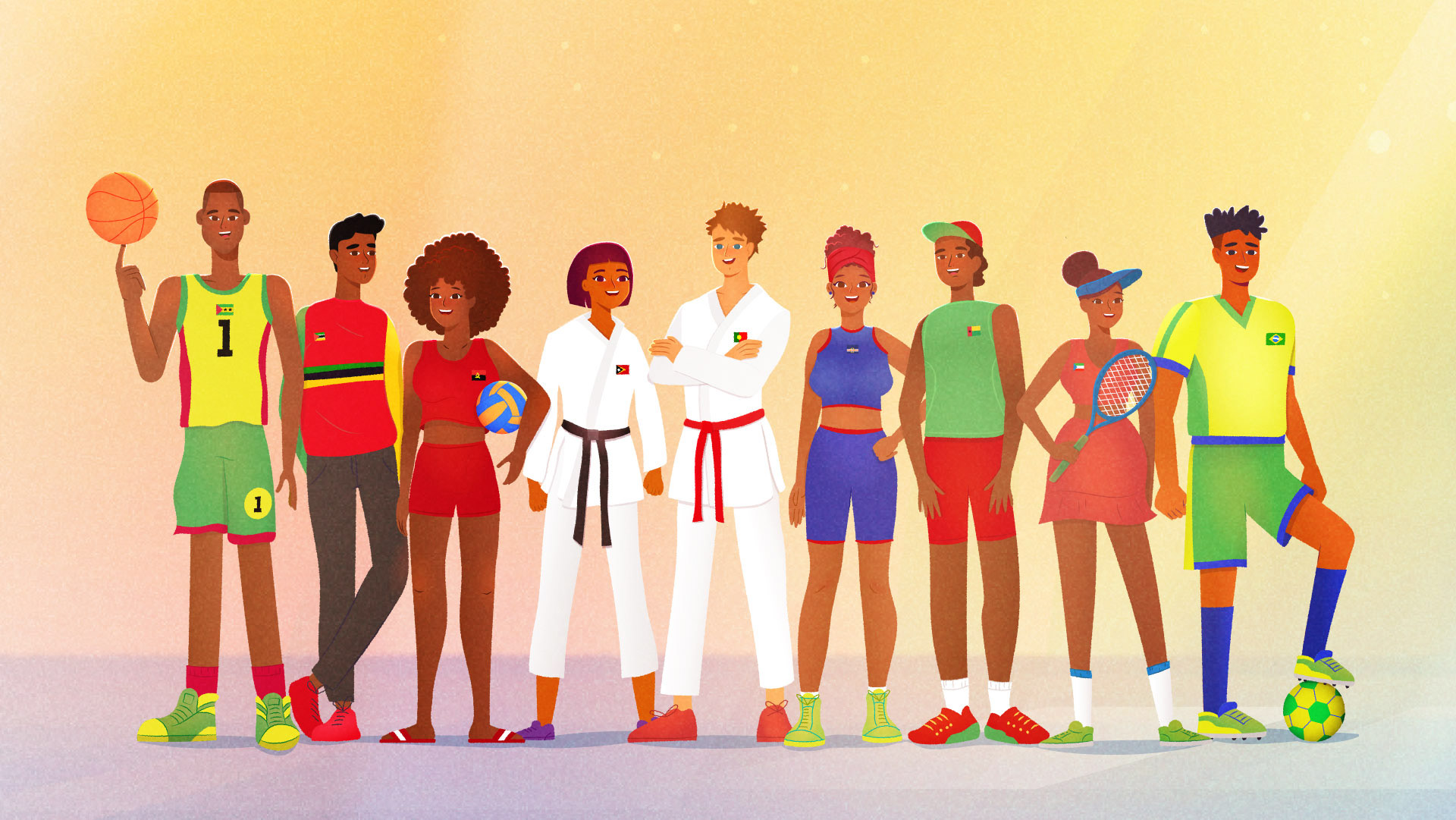Illustration of diverse, expressive athlete characters promoting fair play, friendship, and justice in a sports environment
