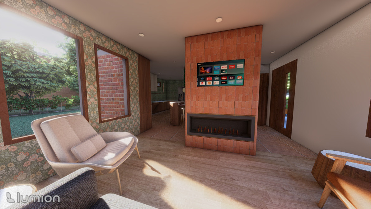 VIEW OF LIVING ROOM WITH SMART TV AND FIRE PLACE