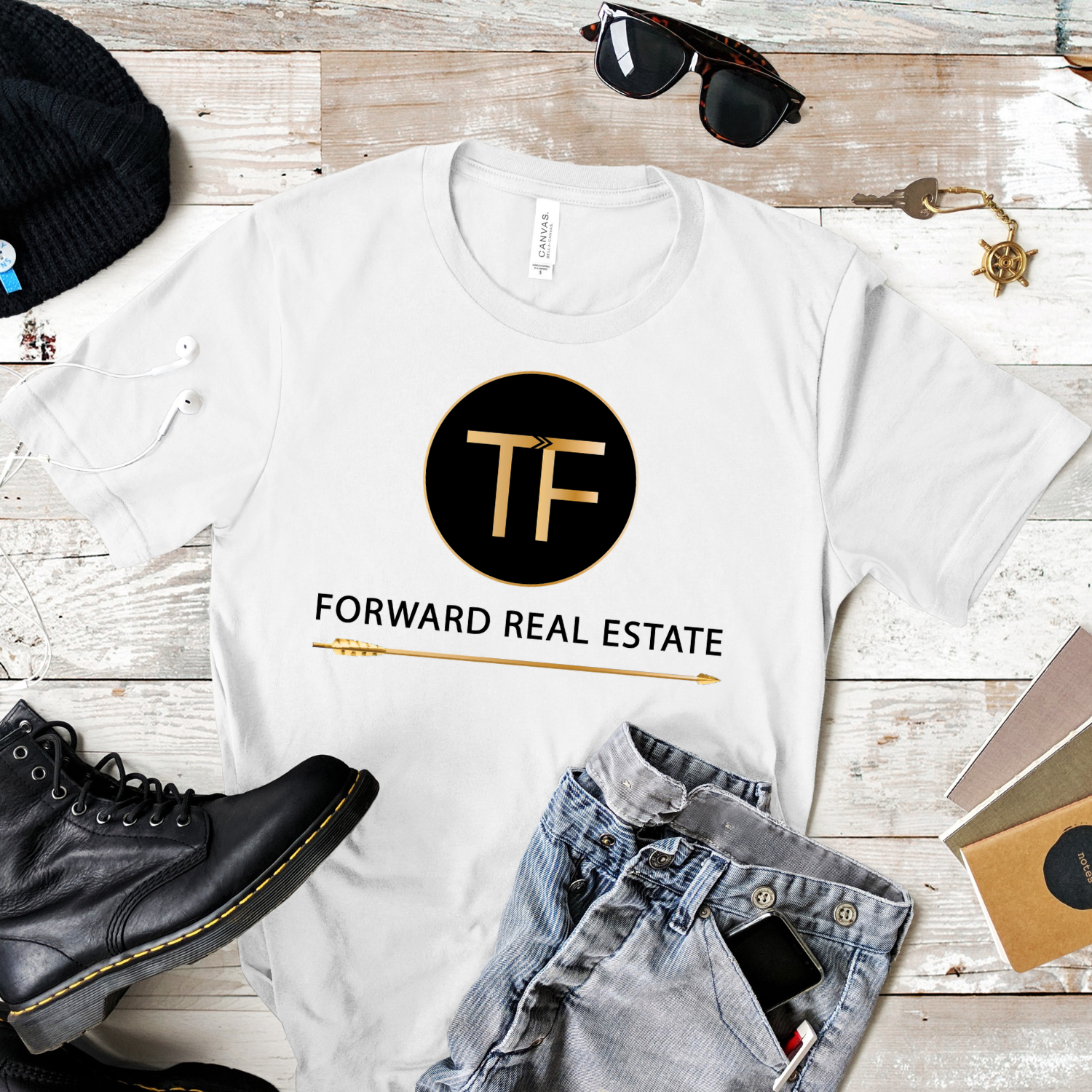 Custom logo displayed on T-shirt.