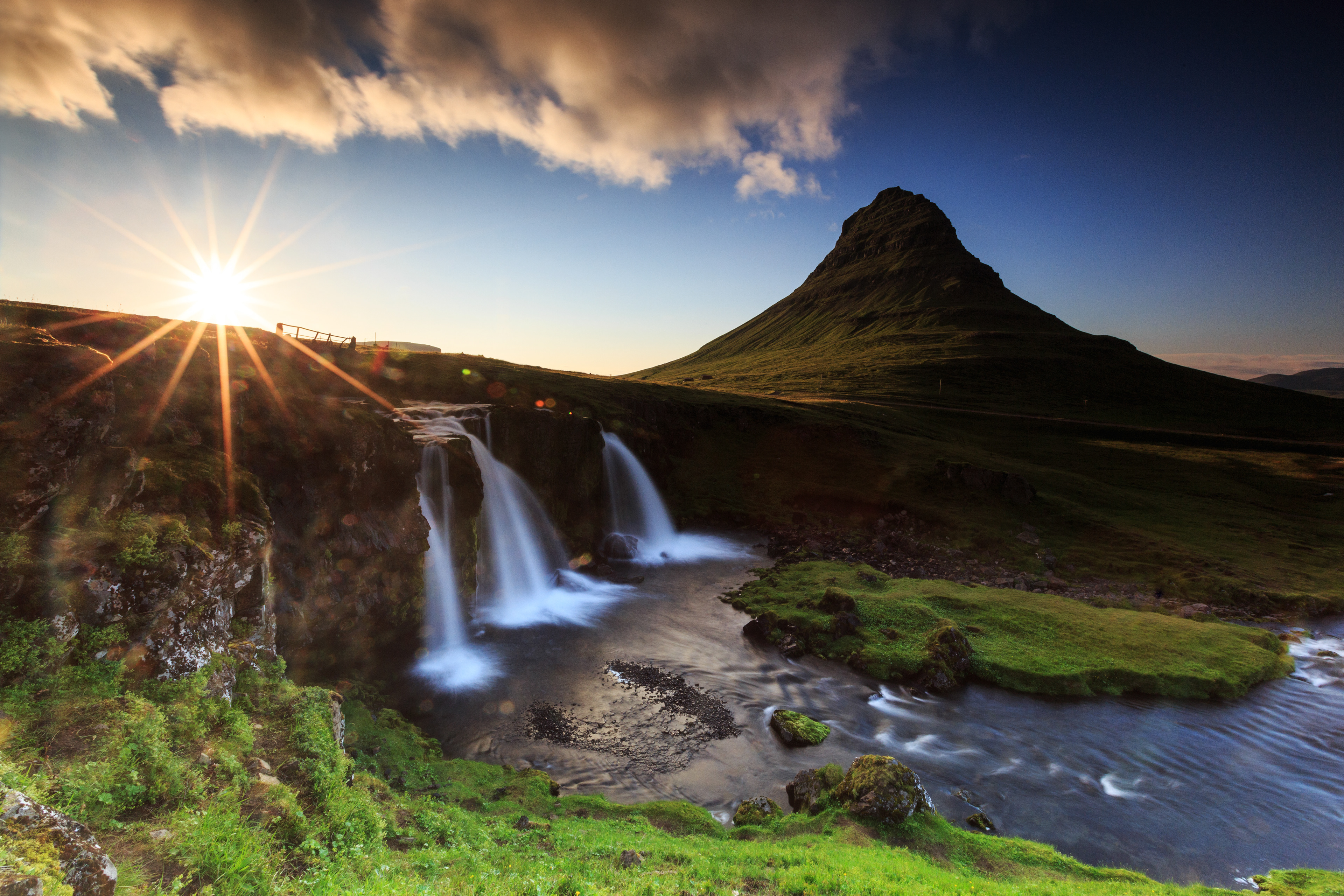 Sunburst at Kirkjufells waterfalls