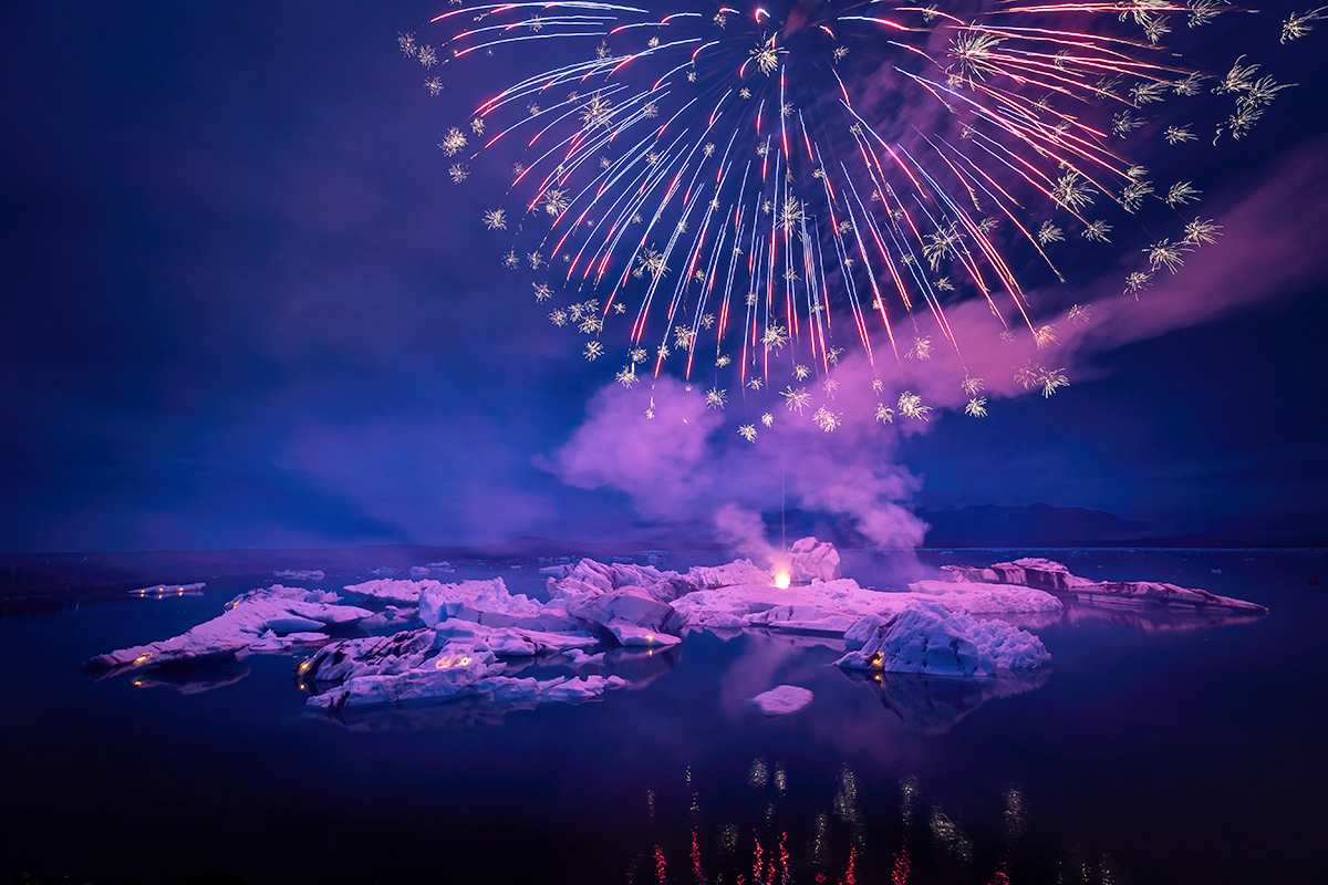 Fireworks at glacier lagoon