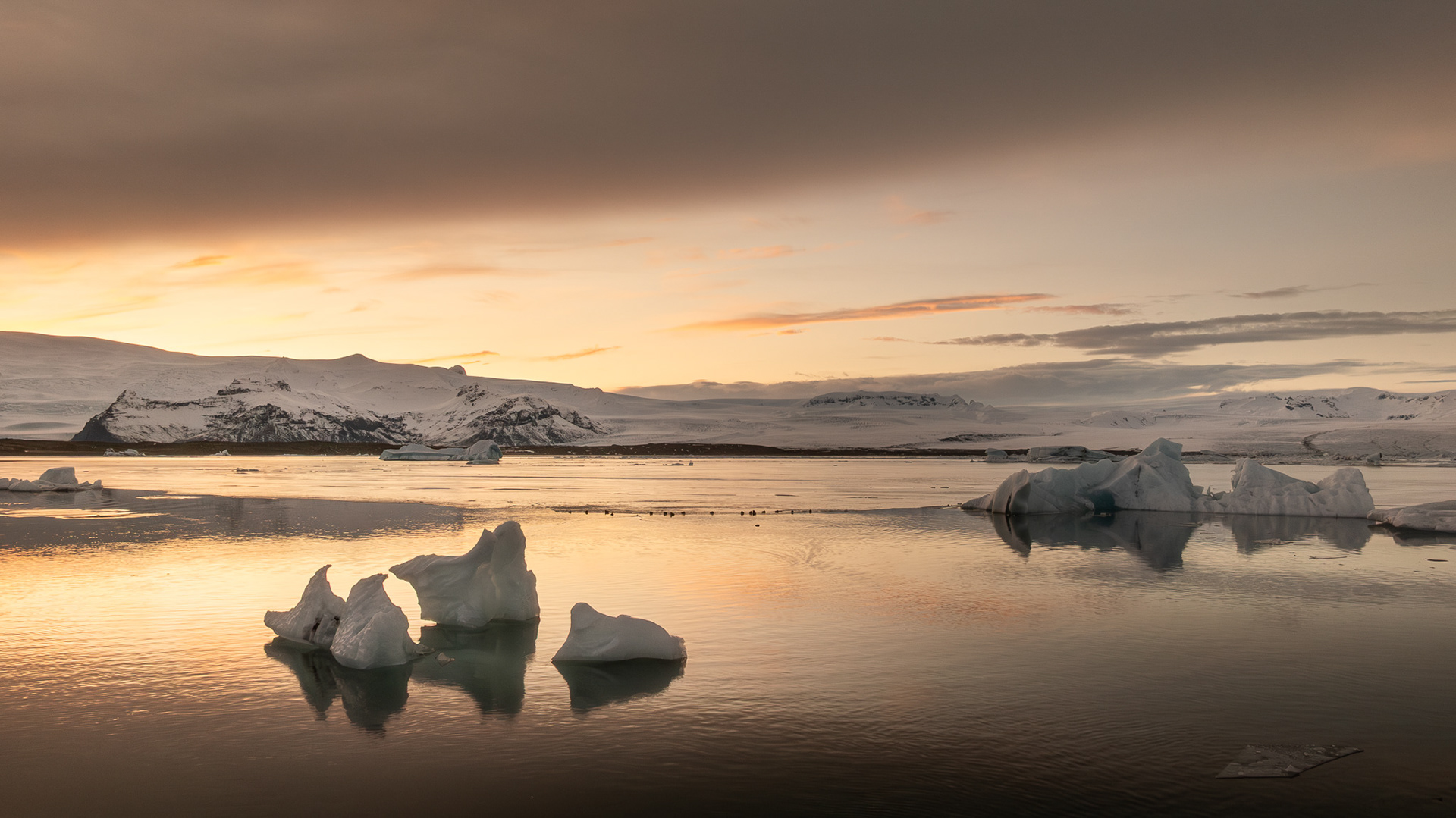 Glacier lagoon at sunset