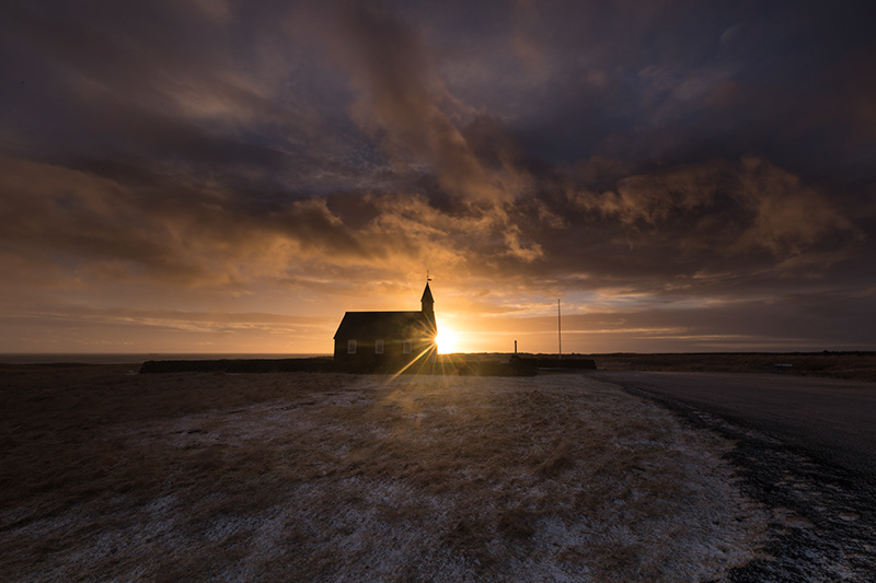Black Church at Búðir at sunrise