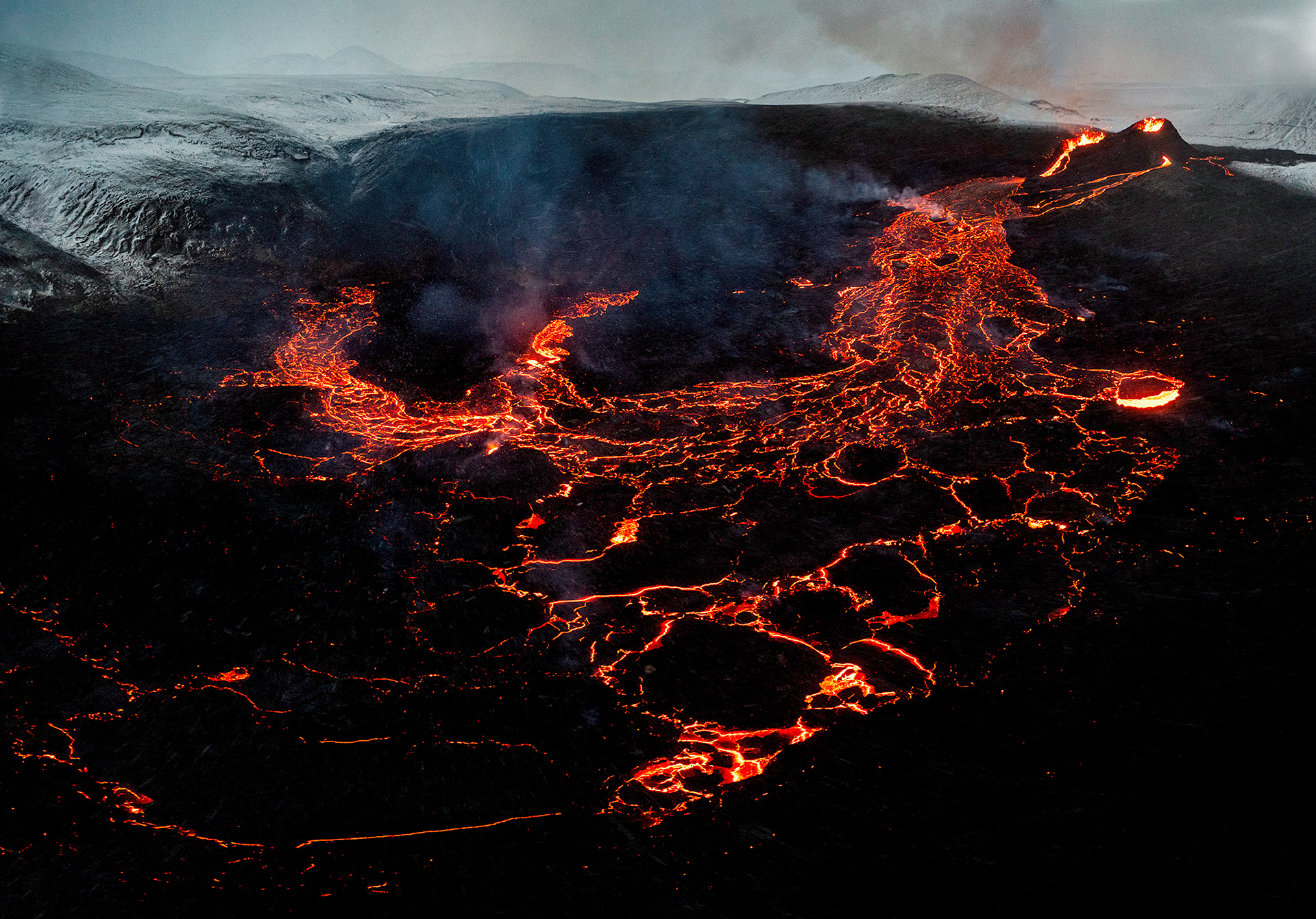 Pano shot from a drone of the eruption