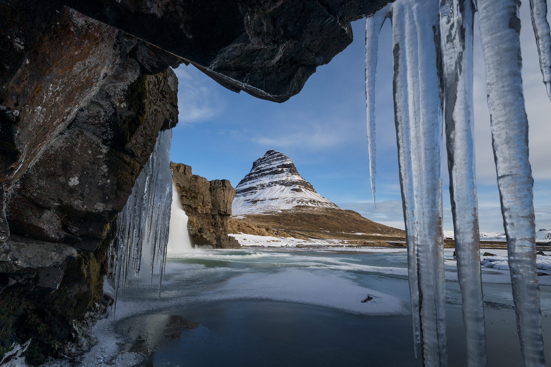 Frozen waterfall at Kirkjufell