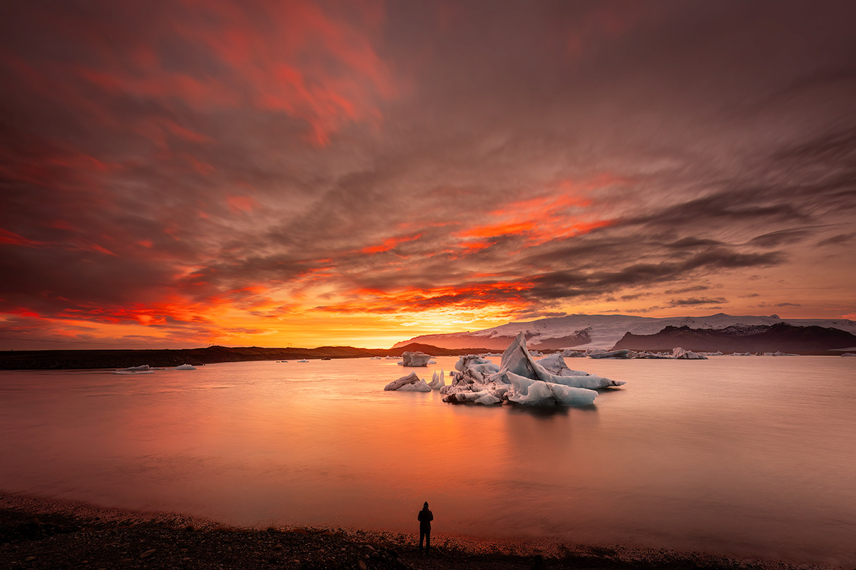 Red sunset at glacier lagoon