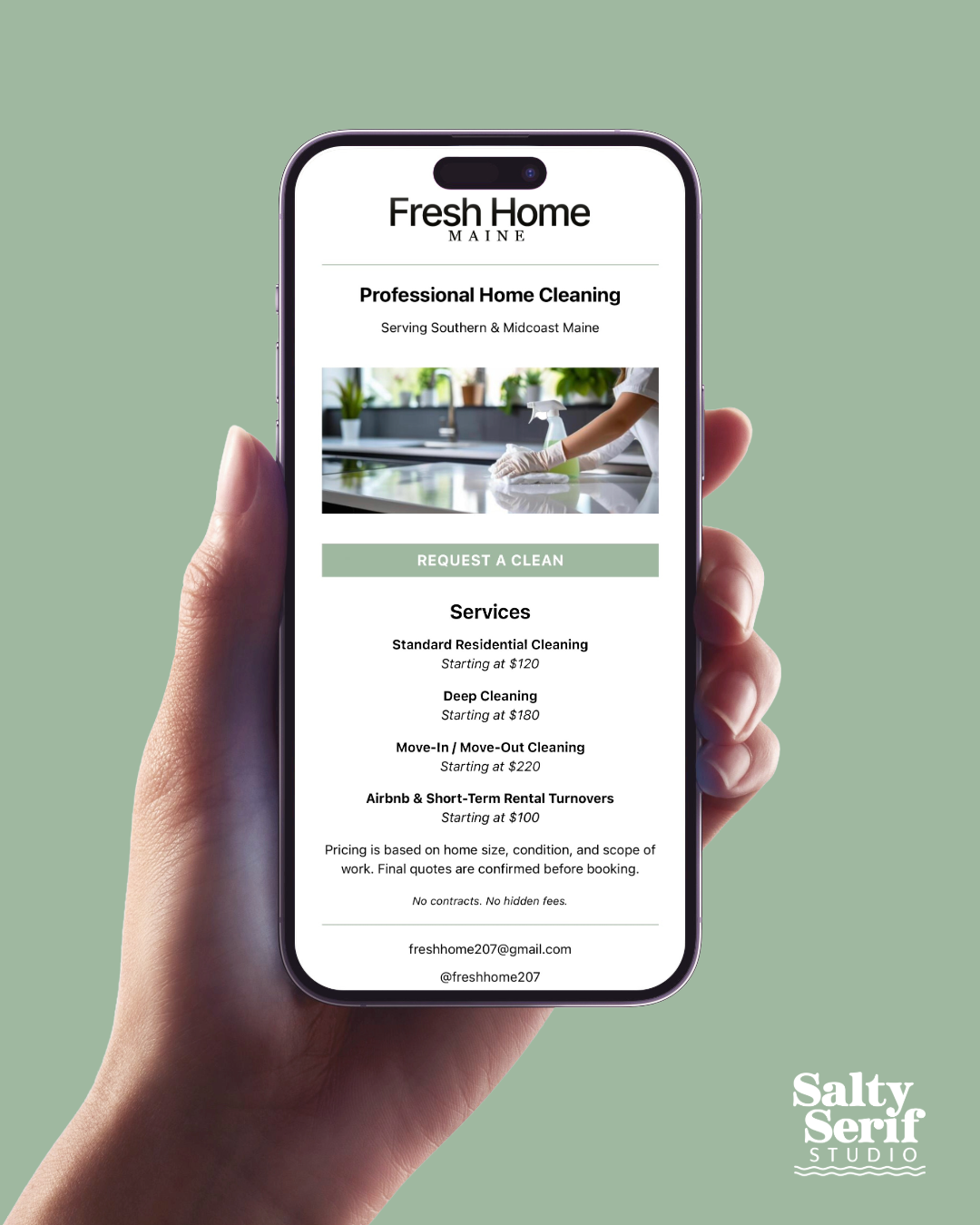 1-Page Website for Fresh Home Maine (mobile view)