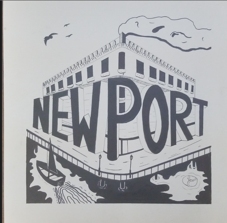 White poster board with an illustration of Newport's architecture and culture