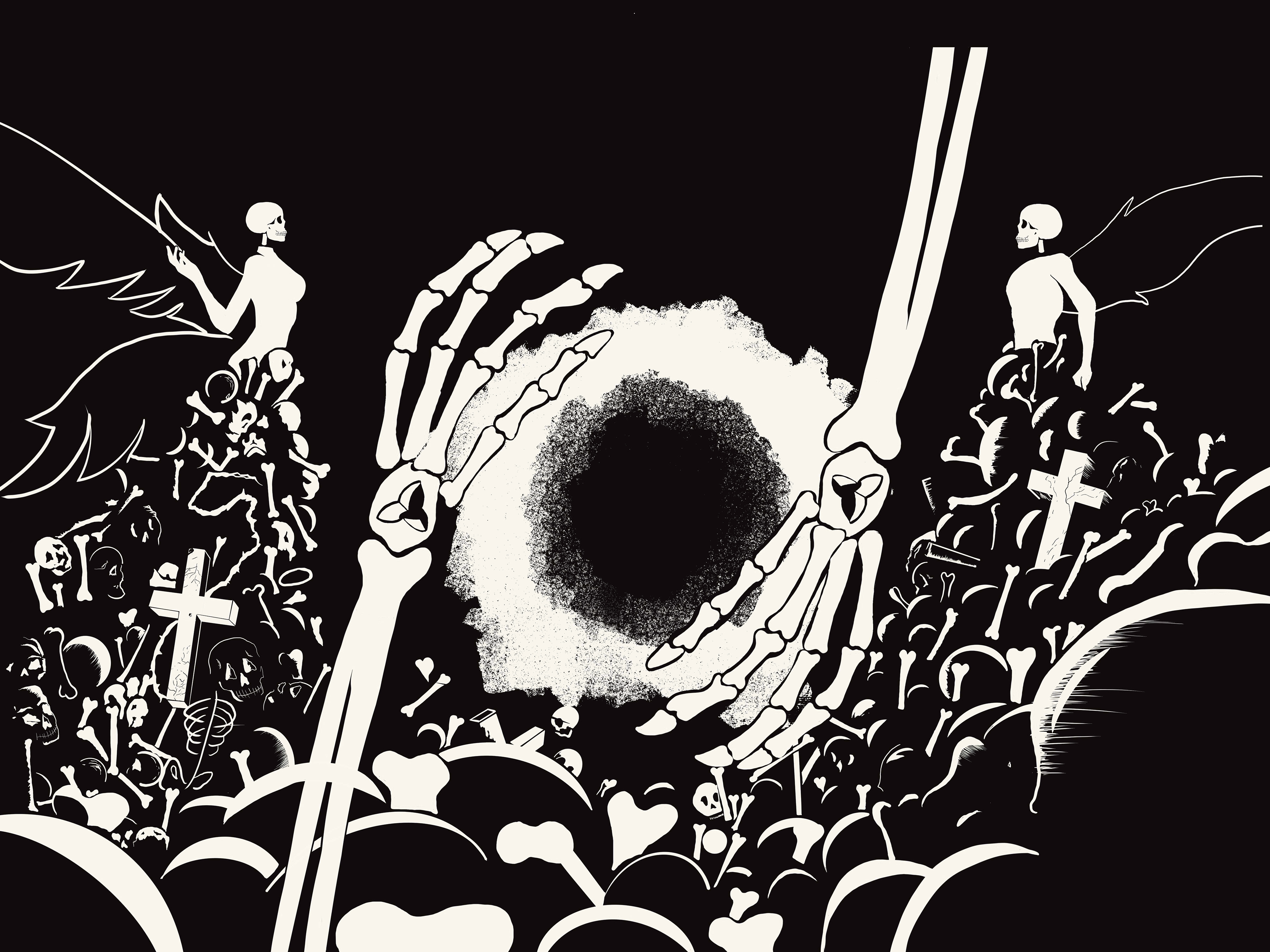 wasteland of skeleton bones and two figures opposing each other with feathery wings