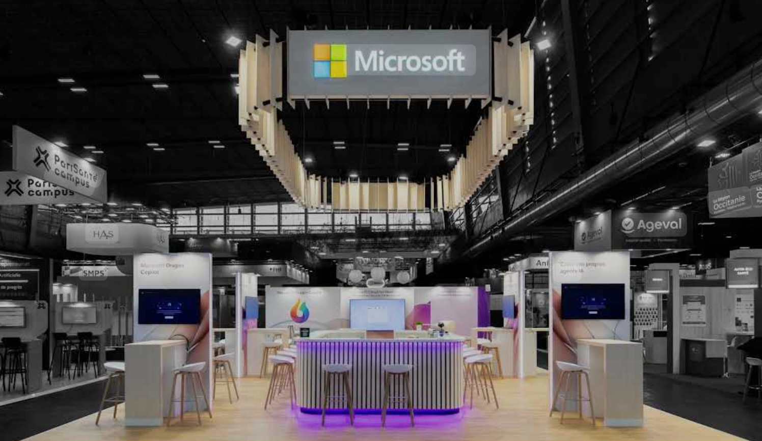 SantExpo 2025, Paris: Microsoft booth for France's leading annual healthcare event, bringing together decision-makers, professionals, and innovators. 