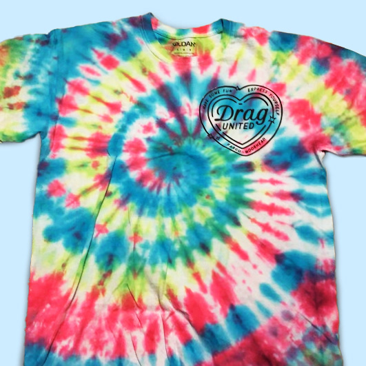 On a tie-dye tee
