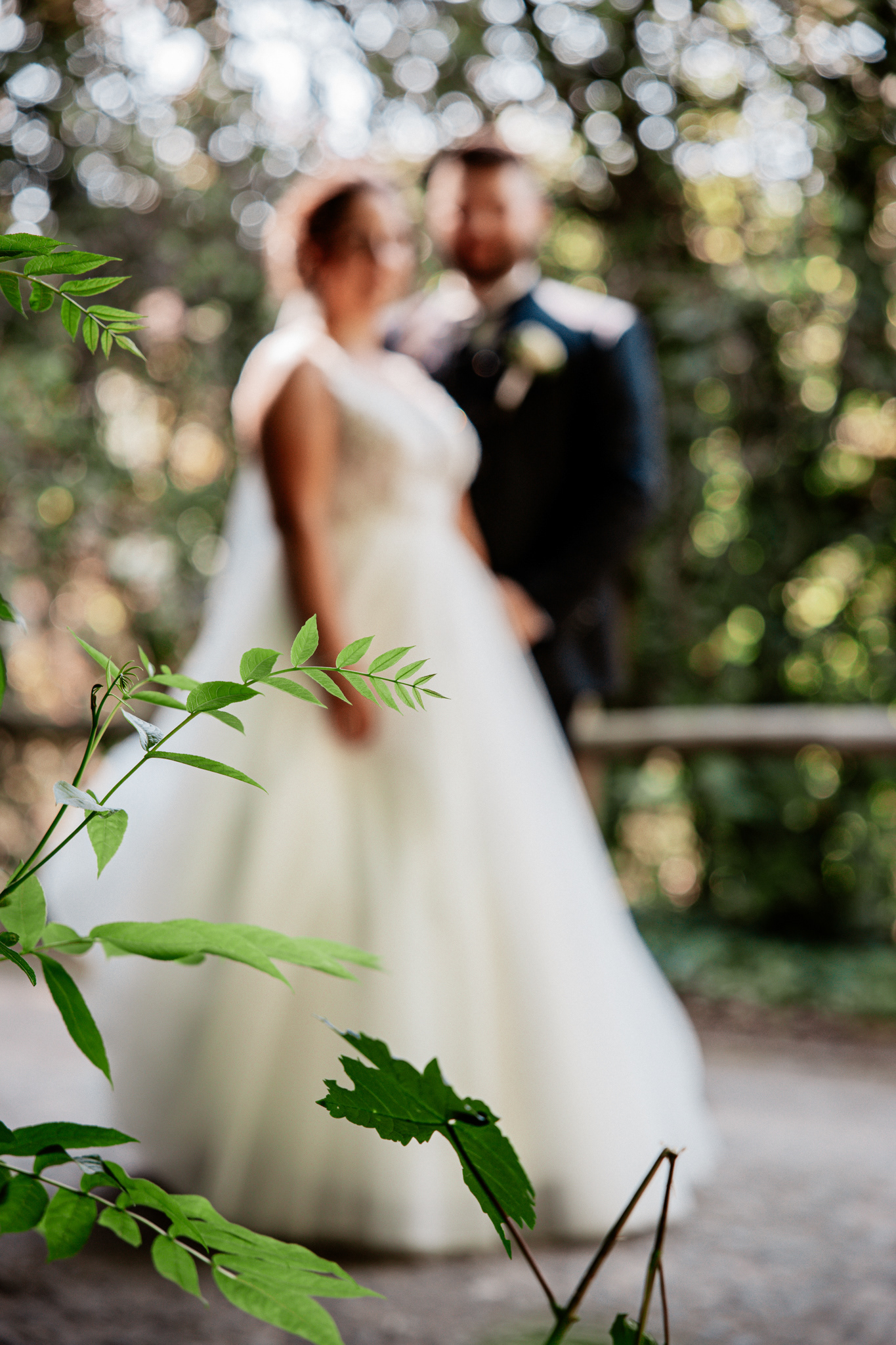 Ein kreatives Hochzeitsfoto mit Unschärfe: Das Brautpaar steht hinter grünem Laub, das im Fokus ist.