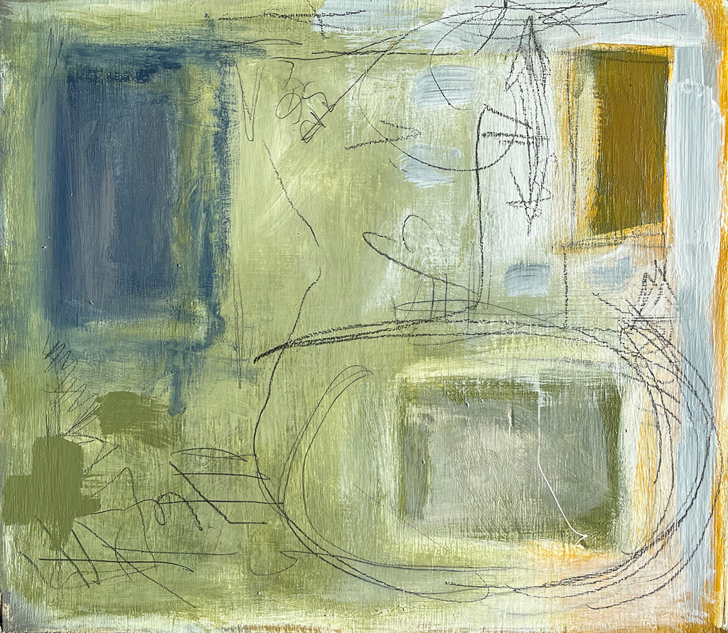 Green Blue Gold - 14” x 15.75” - Acrylic on Birch Panel ($600)