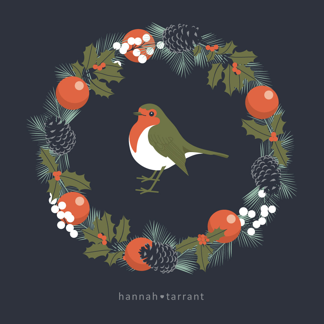 Robin & Christmas Wreath Illustration