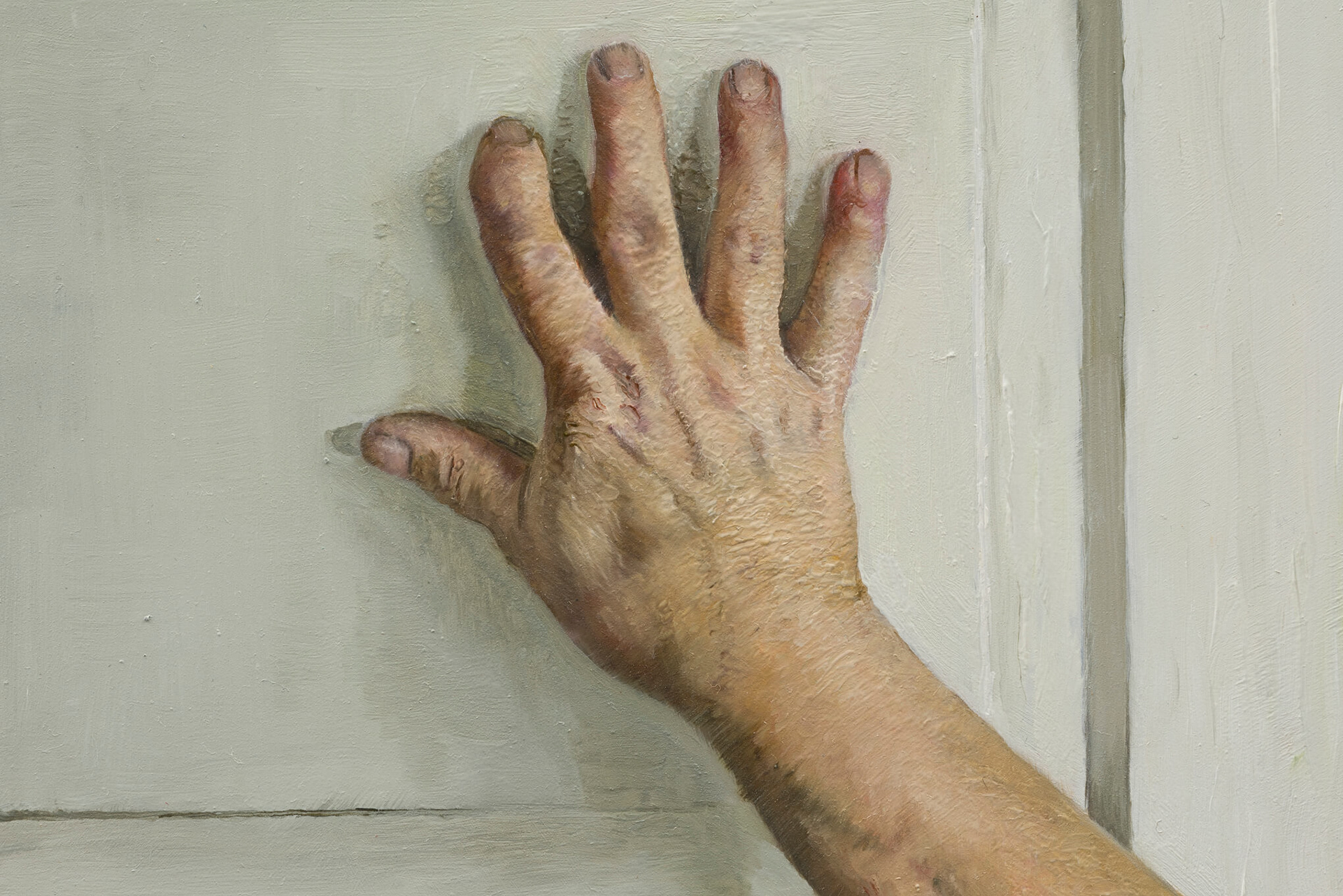 Karol Palczak "Dłoń Matki" - detal / 2023, 15,5 x 15,5 cm, olej na płycie aluminiowej