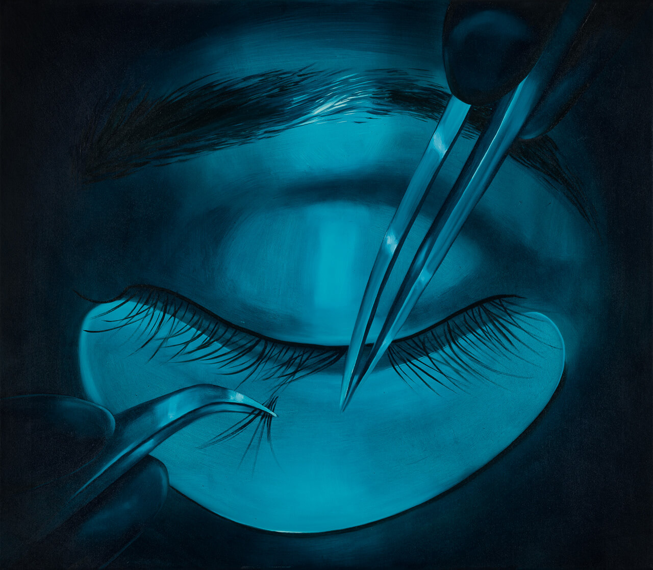 Karolina Jabłońska "Doklejanie rzęs" / 2020, 70 x 80 cm, olej na płótnie