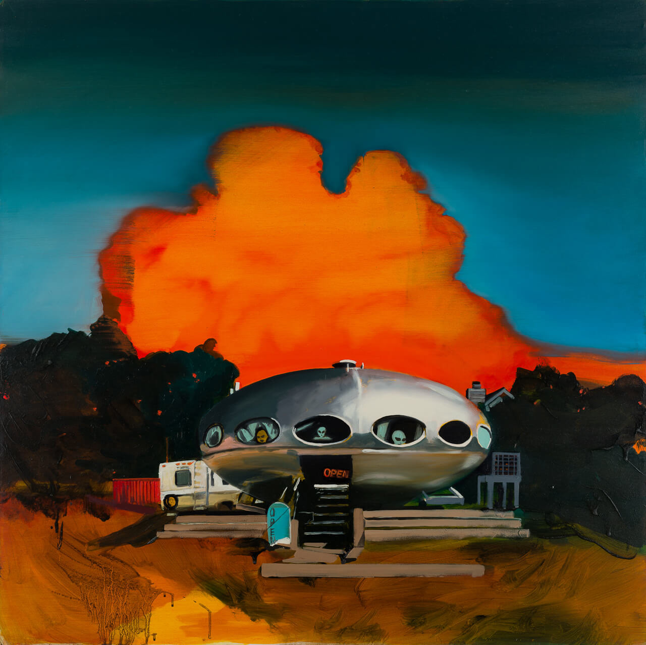 Piotr Szczur „UFO Bar” / 2018, 100x100cm, olej na płótnie