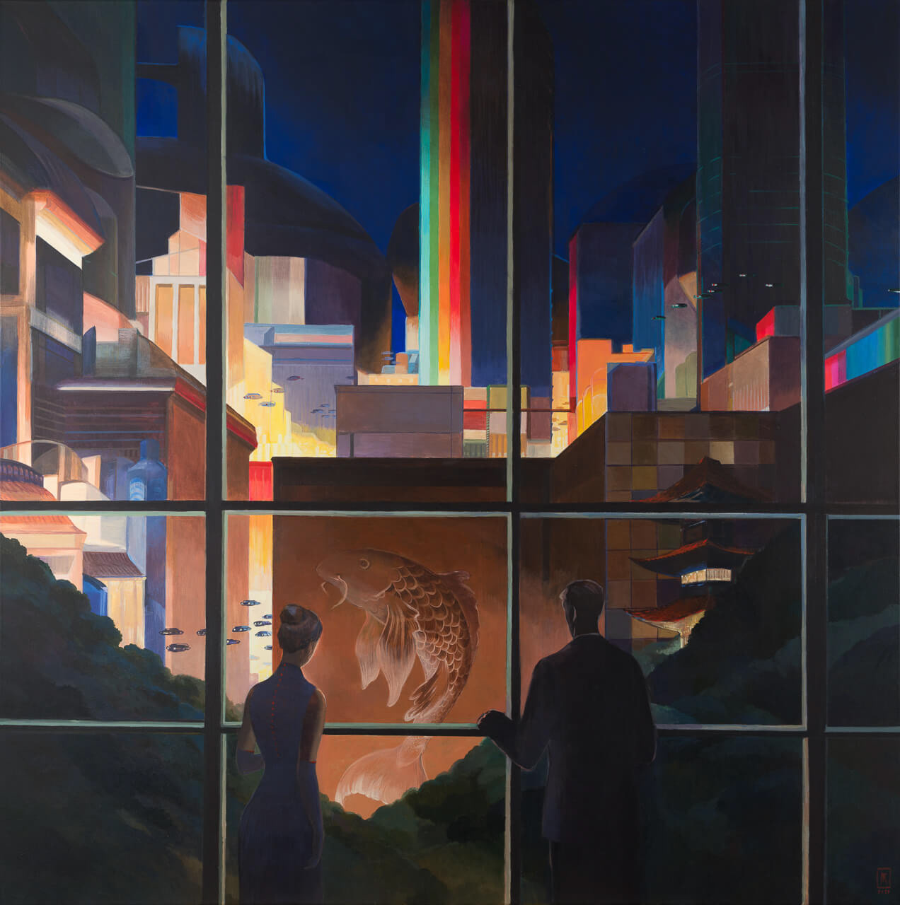 Joanna Karpowicz "Pejzaż miejski z karpiem" / 2020 / 120 x120 cm, akryl i olej na płótnie / obraz inspirowany powieścią Stanisława Lema "Powrót z gwiazd"
