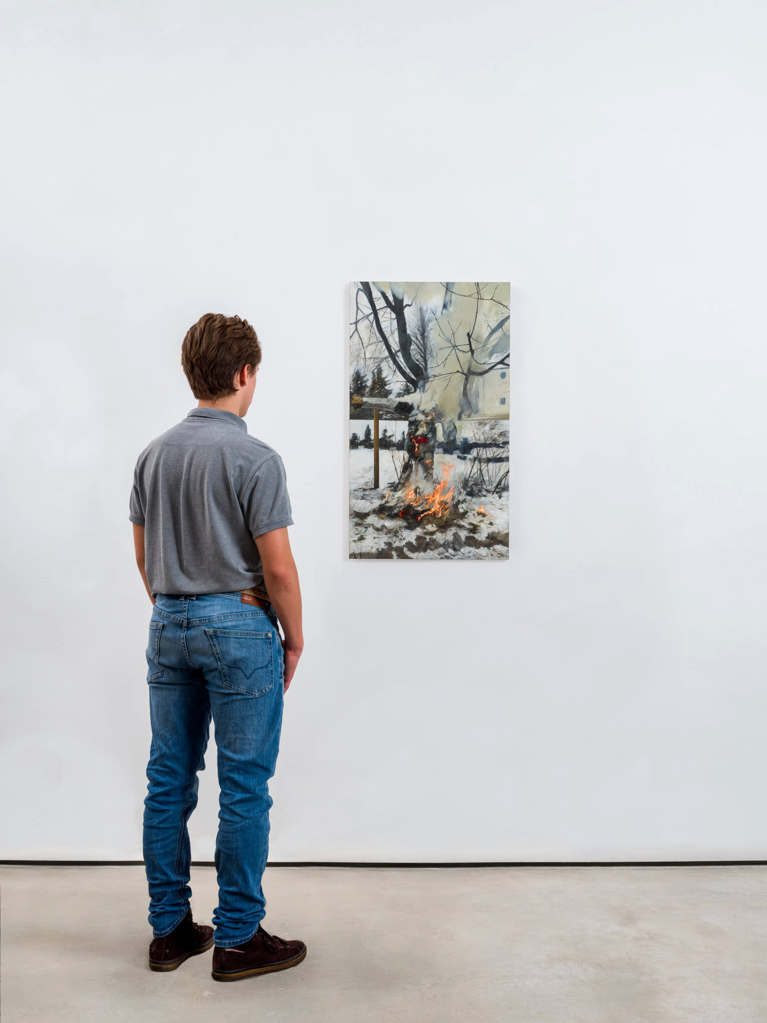 Karol Palczak "Płonąca Kukła. Autoportret" / 2023, 52 x 90 cm, olej na sklejce