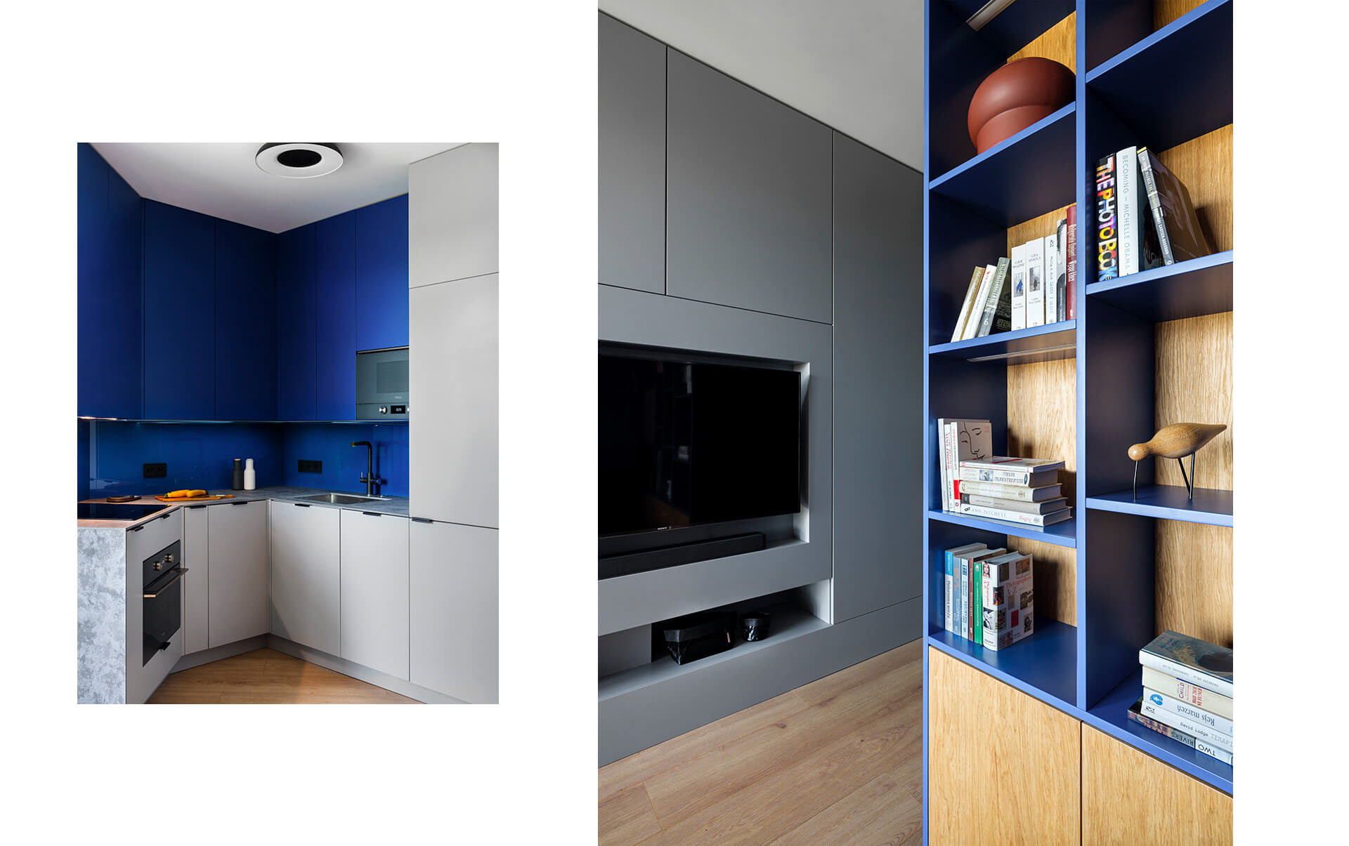 zdjęcie niebieskiego salonu i kuchni - apartament