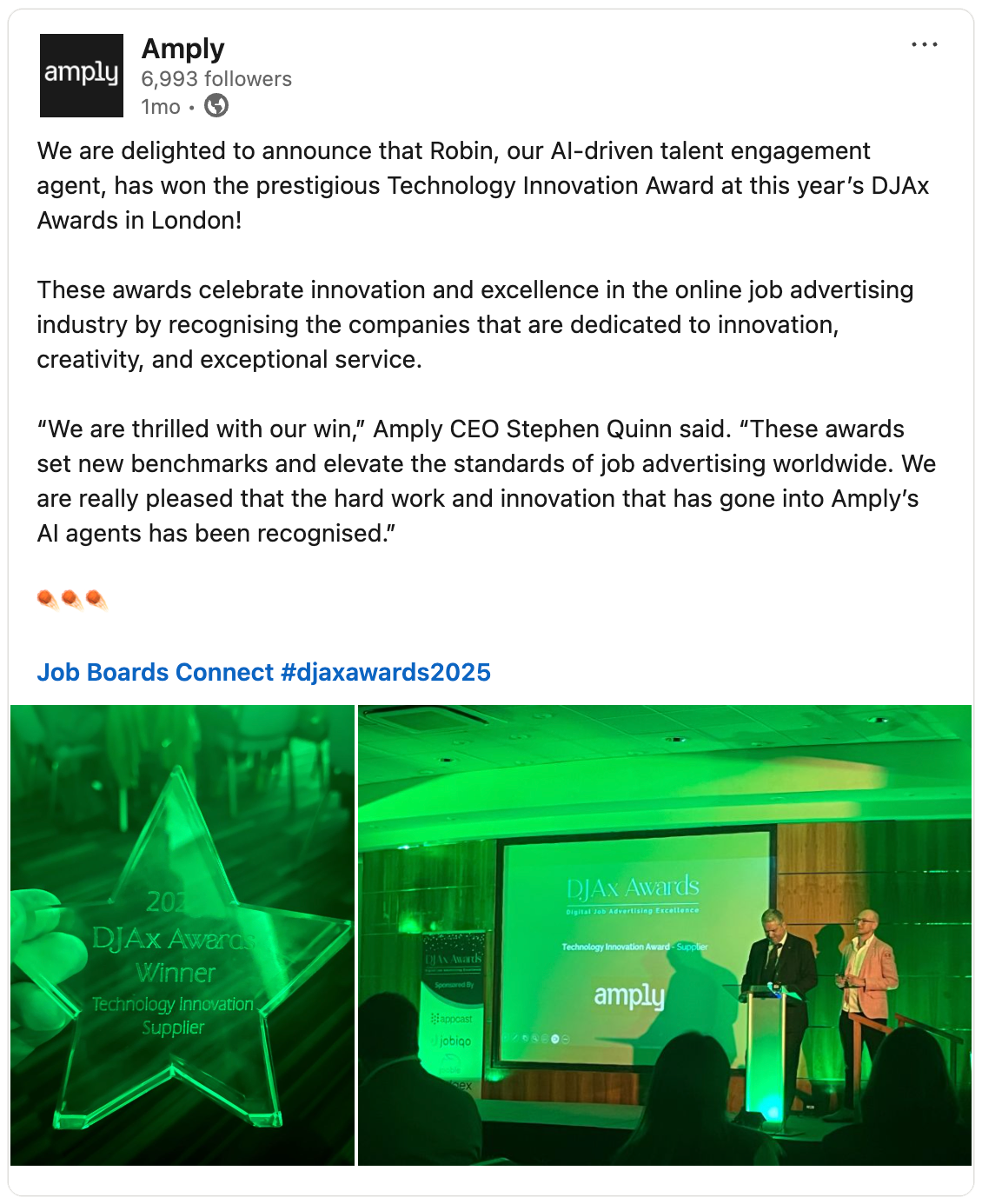 LinkedIn Post about amply winning the 2025 DJax Award in London