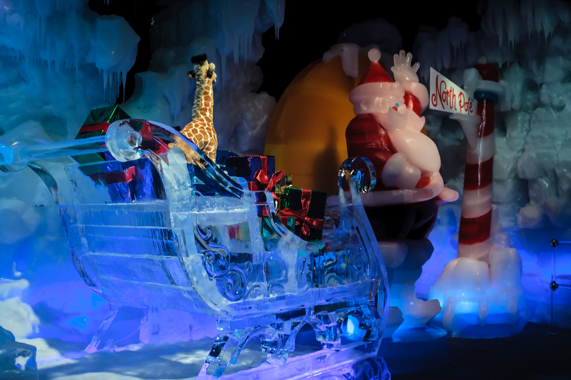 Santa at the North Pole - Ice! is an annual winter event featuring ice sculptures at Marriott's Gaylord Palms Resort in Kissimmee, Florida