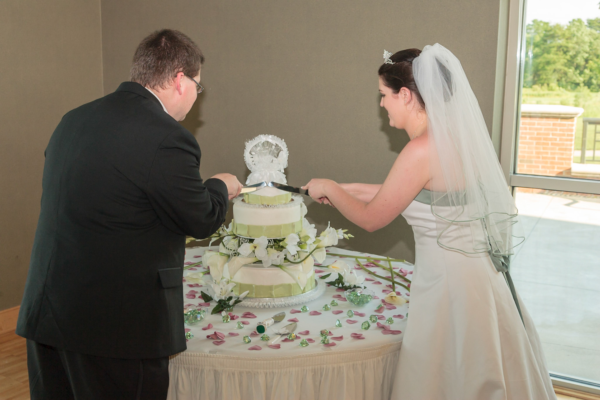 Christina and Mike cutting the cake at Reception dinner - Franklin Park Conservatory, Columbus, OH