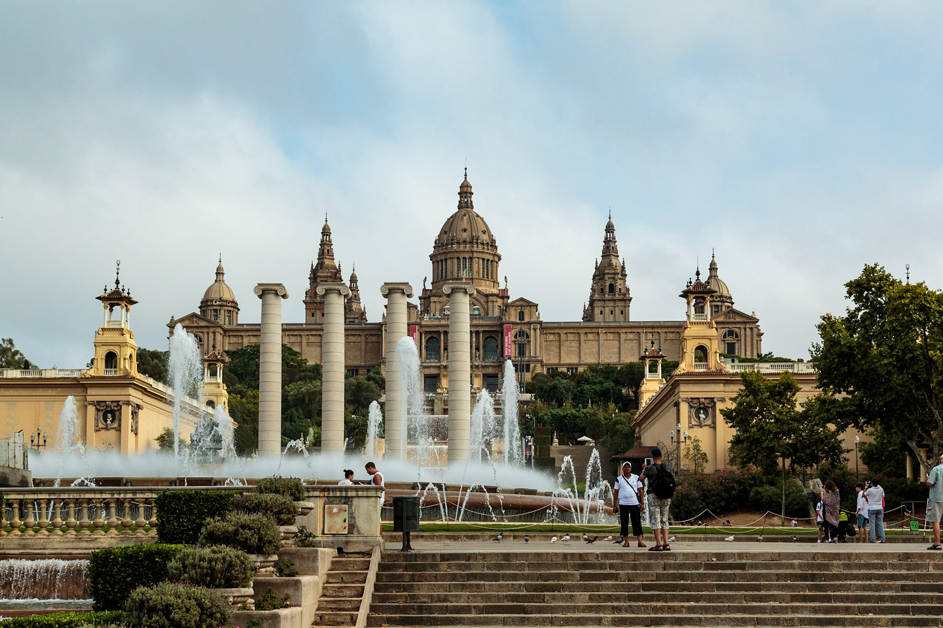 Street level view up to Museu Nacional d'Art de Catalunya - Barcelona, Spain