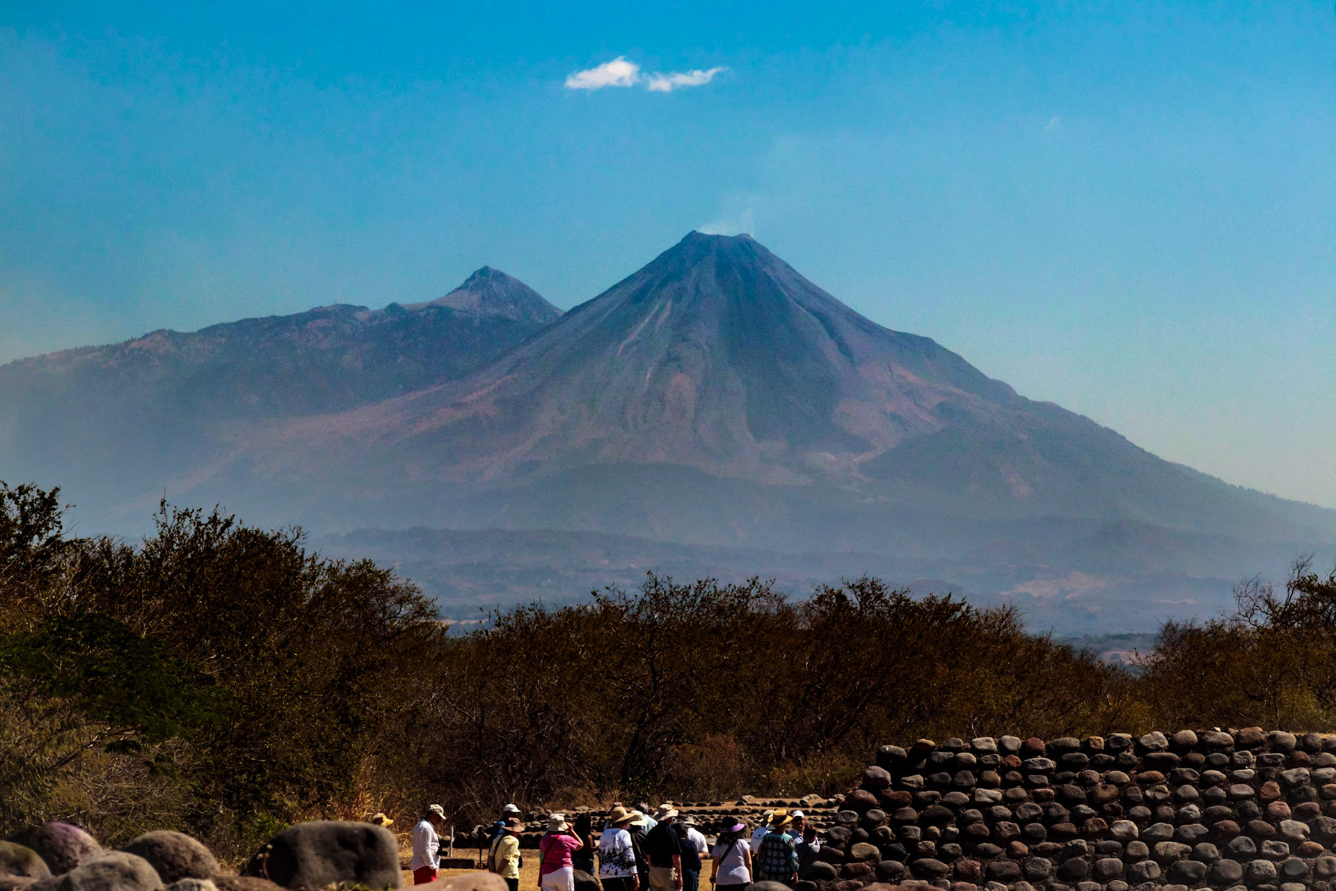 Comala ruins with active Colima volcano in the background - Manzanillo, Mexico