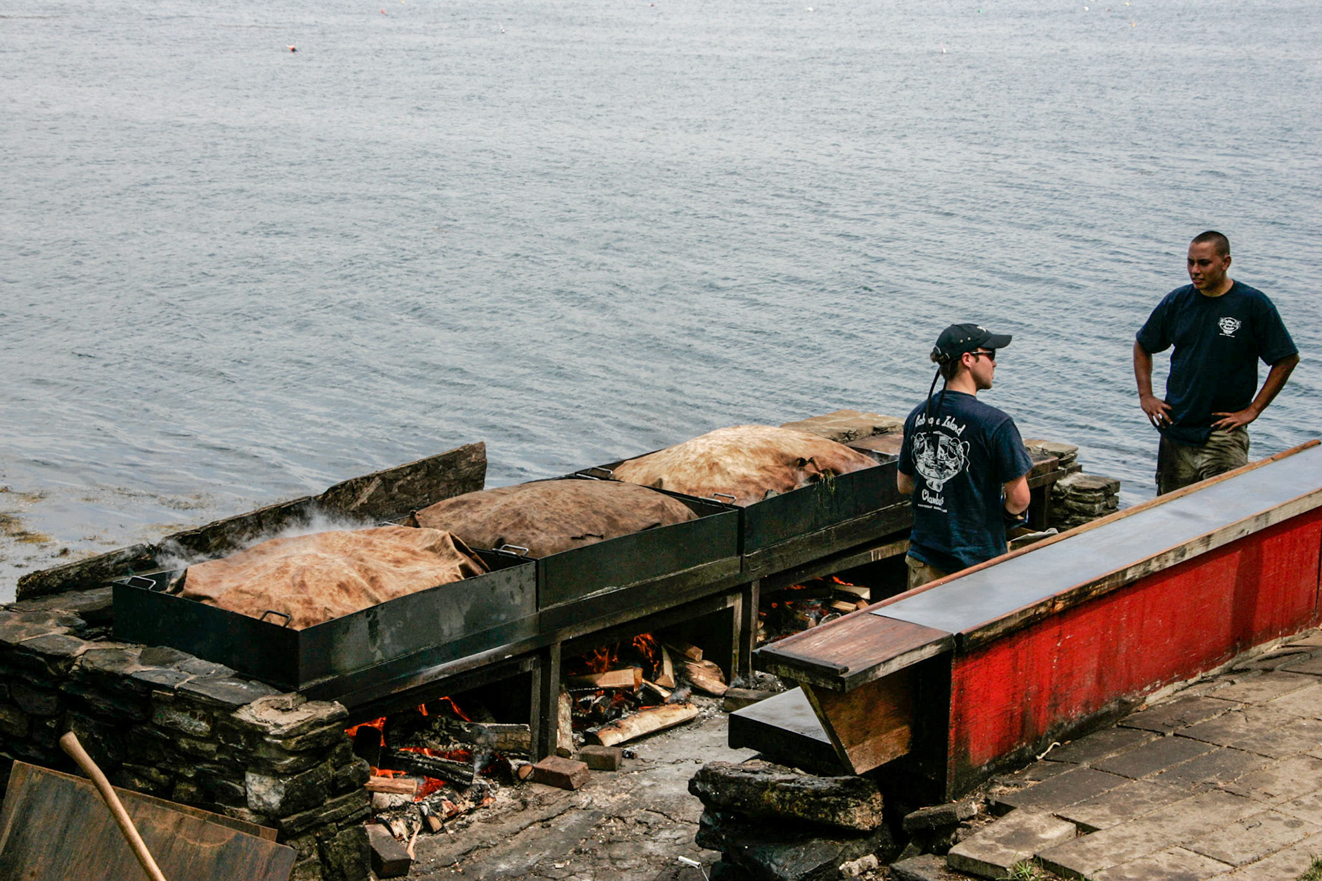 Steam vats, lobsters, potatoes, corn on the cob... - Cabbage Island, ME