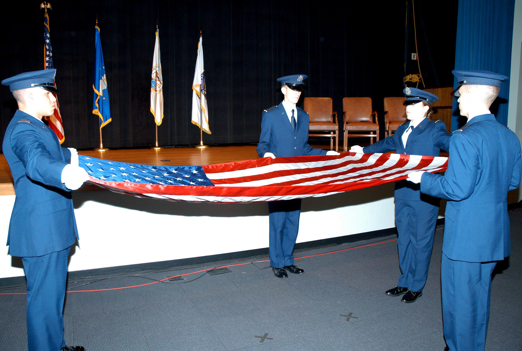 Folding and presentation of retirement flag - UF ROTC Det 150 cadets from Billy Mitchell Drill Team, Pentogon, Washington, DC