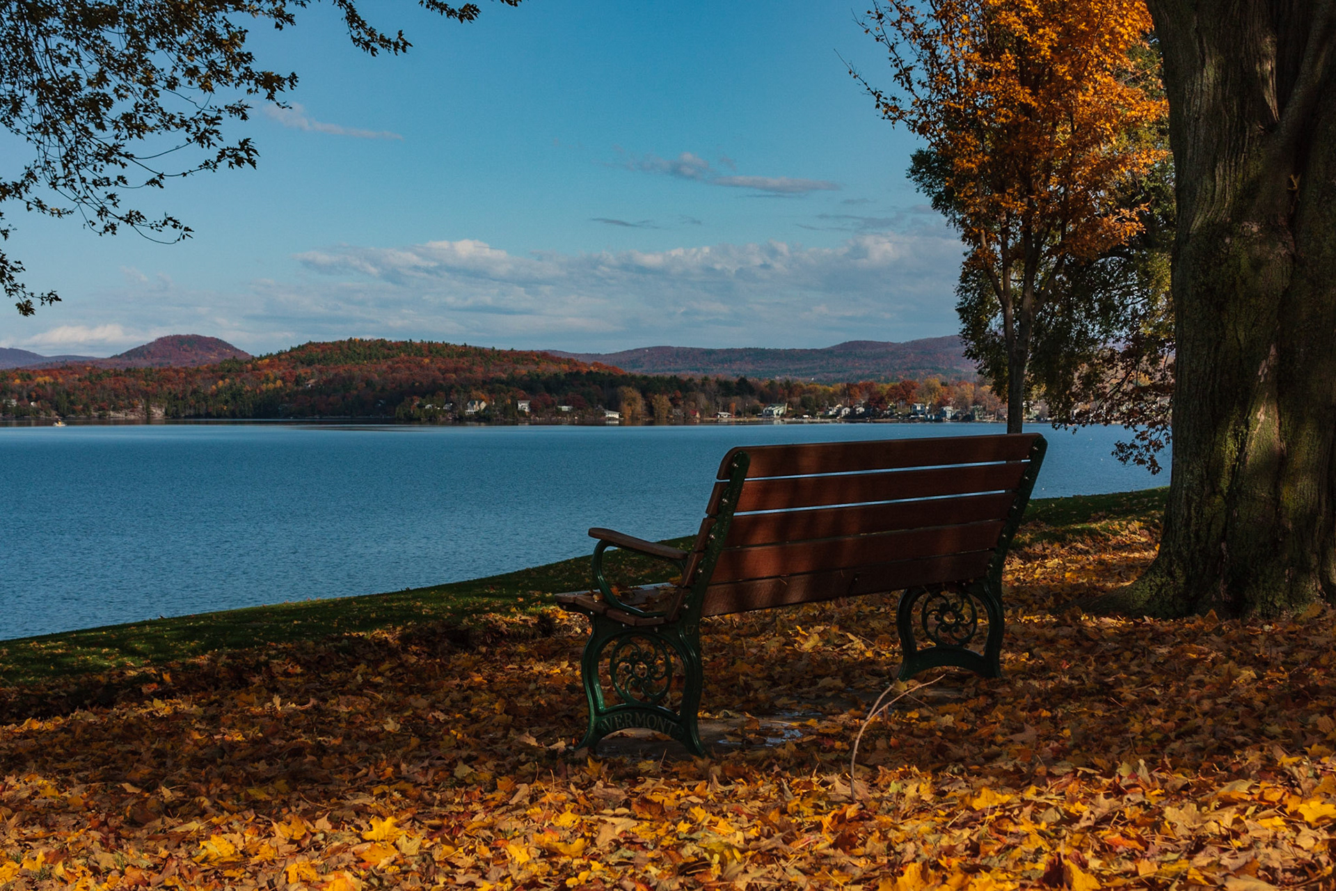Park bench in fall - Mallets Bay, Colchester VT