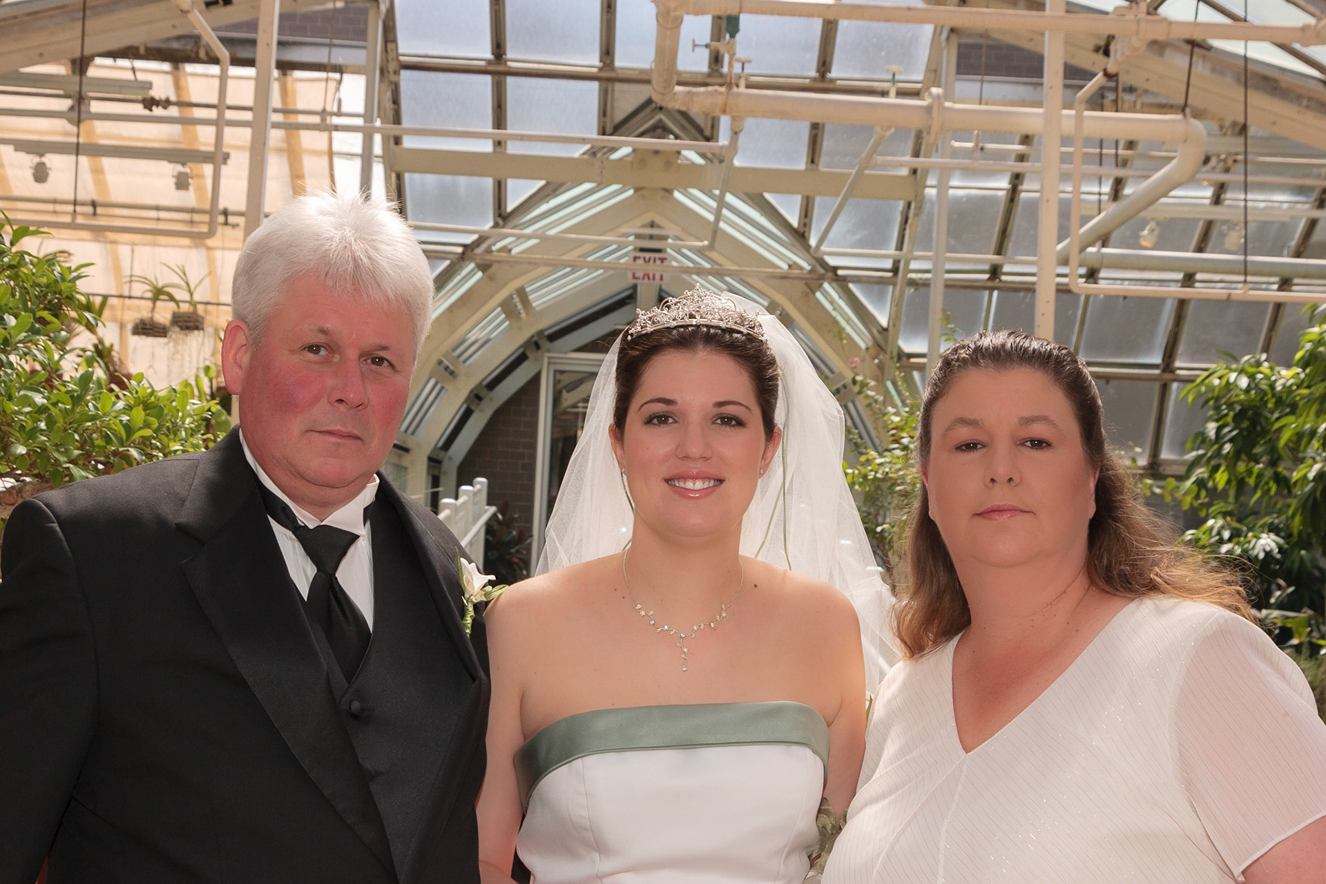 Christina with Mom and Mark on wedding day - Franklin Park Conservatory, Columbus, OH