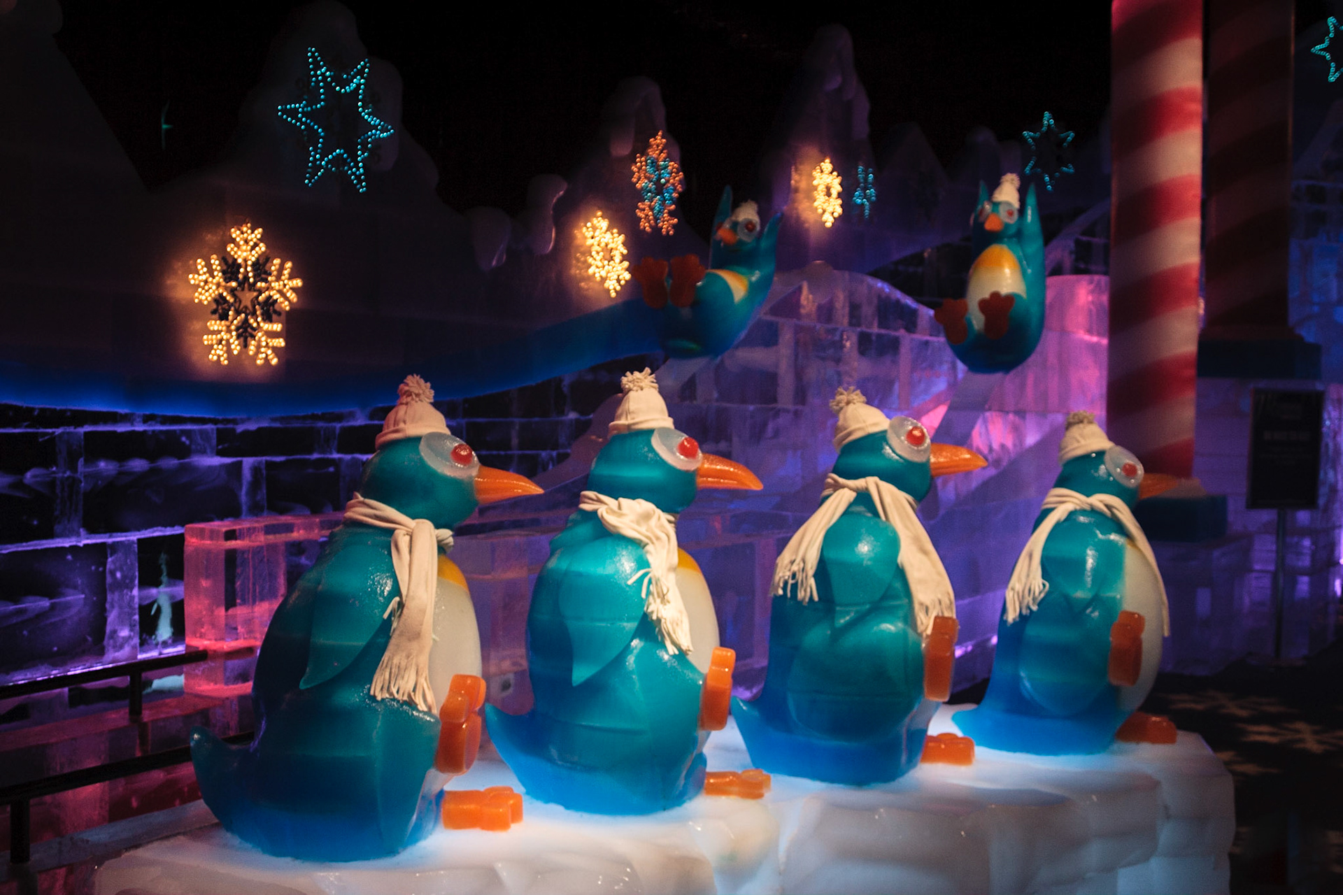 Peguins aren't supposed to get blue from the cold - Ice! is an annual winter event featuring ice sculptures at Marriott's Gaylord Palms Resort in Kissimmee, Florida