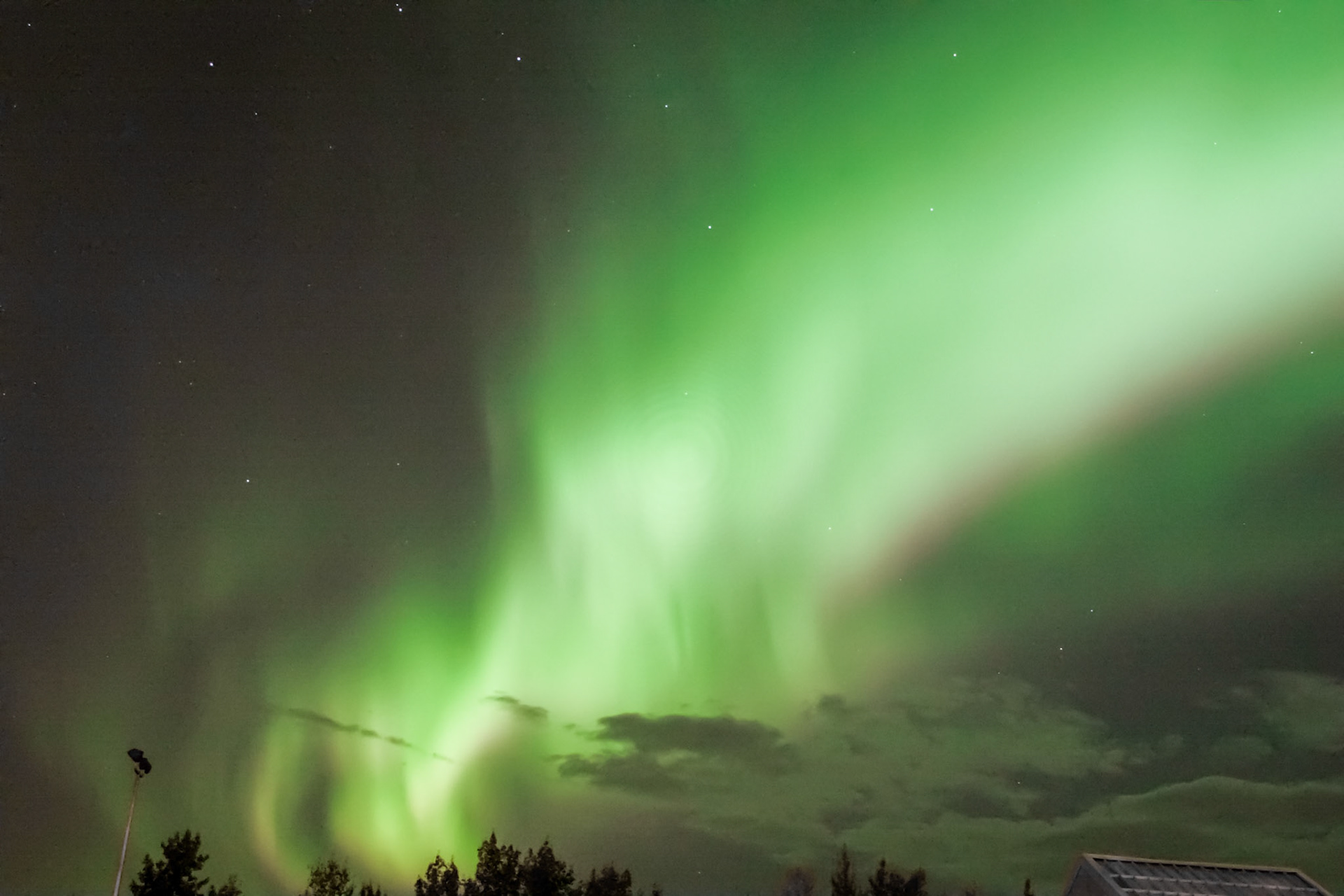 Northern Lights, hotel woke us up in middle of the night to see. Can see the Big Dipper at top center of photo - Fairbanks, Alaska