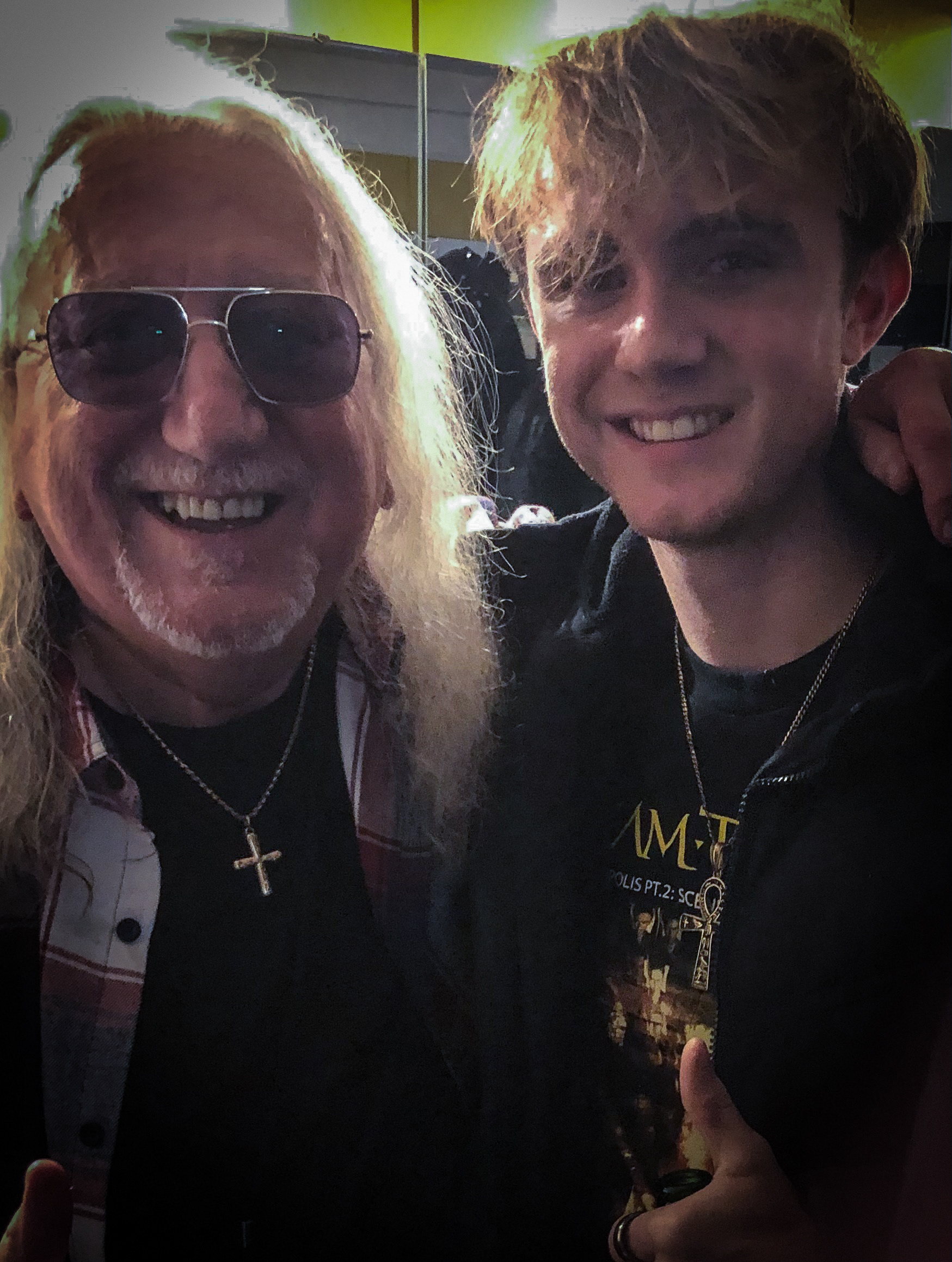 My son George with Mick Box  after Uriah Heep's gig in Bexhill-On-Sea, Feb 2025