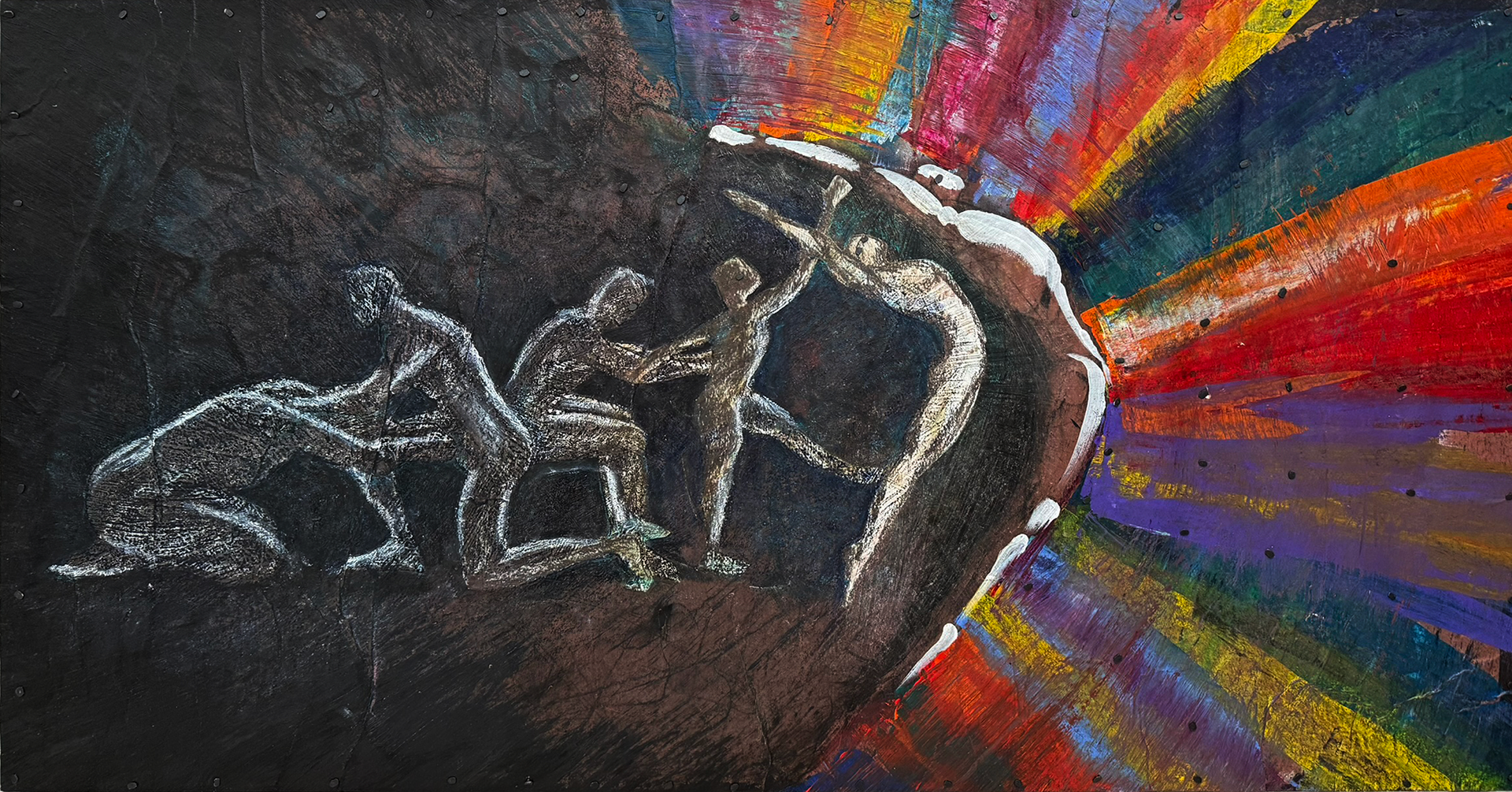 A mixed media artwork with a set of figures progressively expanding