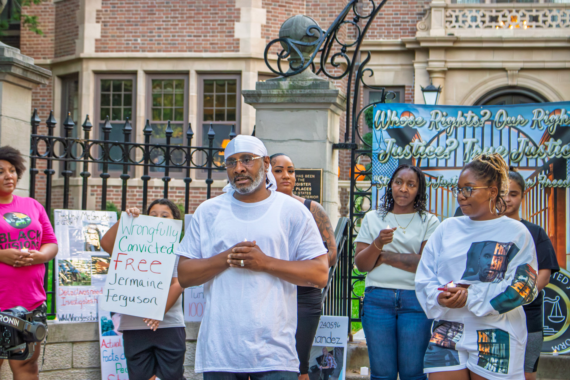 Bryan Hooper Sr. and Bri'ana Hooper in front of the Governor's Residence protesting Wrongful Incarceration. Bryan was released on September 4th, 2025 after spending 27 years in prison for crimes he did not commit.