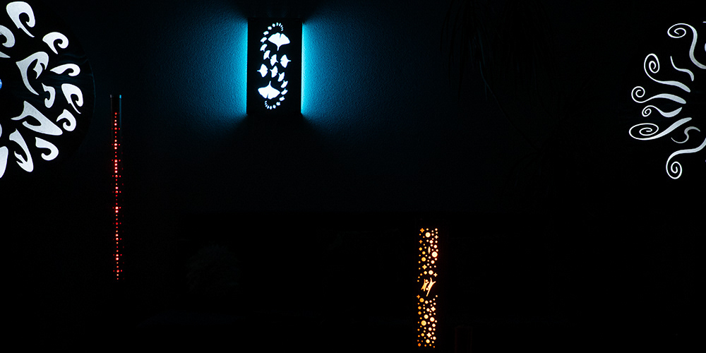 Wave, LED Bamboo, and Ginkgo, In Space and Wind Lightsculptures