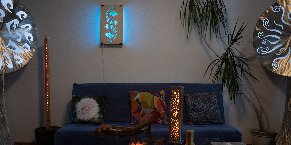 Wave, LED Bamboo, and Ginkgo, In Space and Wind Lightsculptures