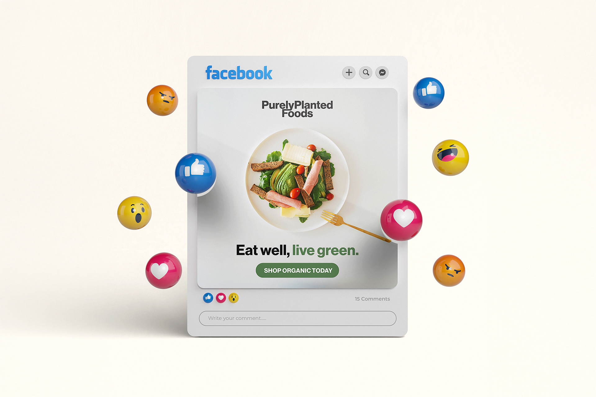 PurelyPlanted Foods social ad promoting shopping organic with floating reaction icons, designed by Jorda Thomas.
