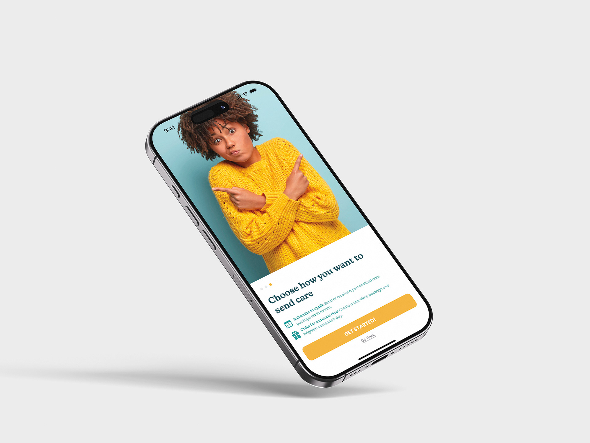 App onboarding page for UpLift brand displayed on a phone mockup, designed by Jorda Thomas.