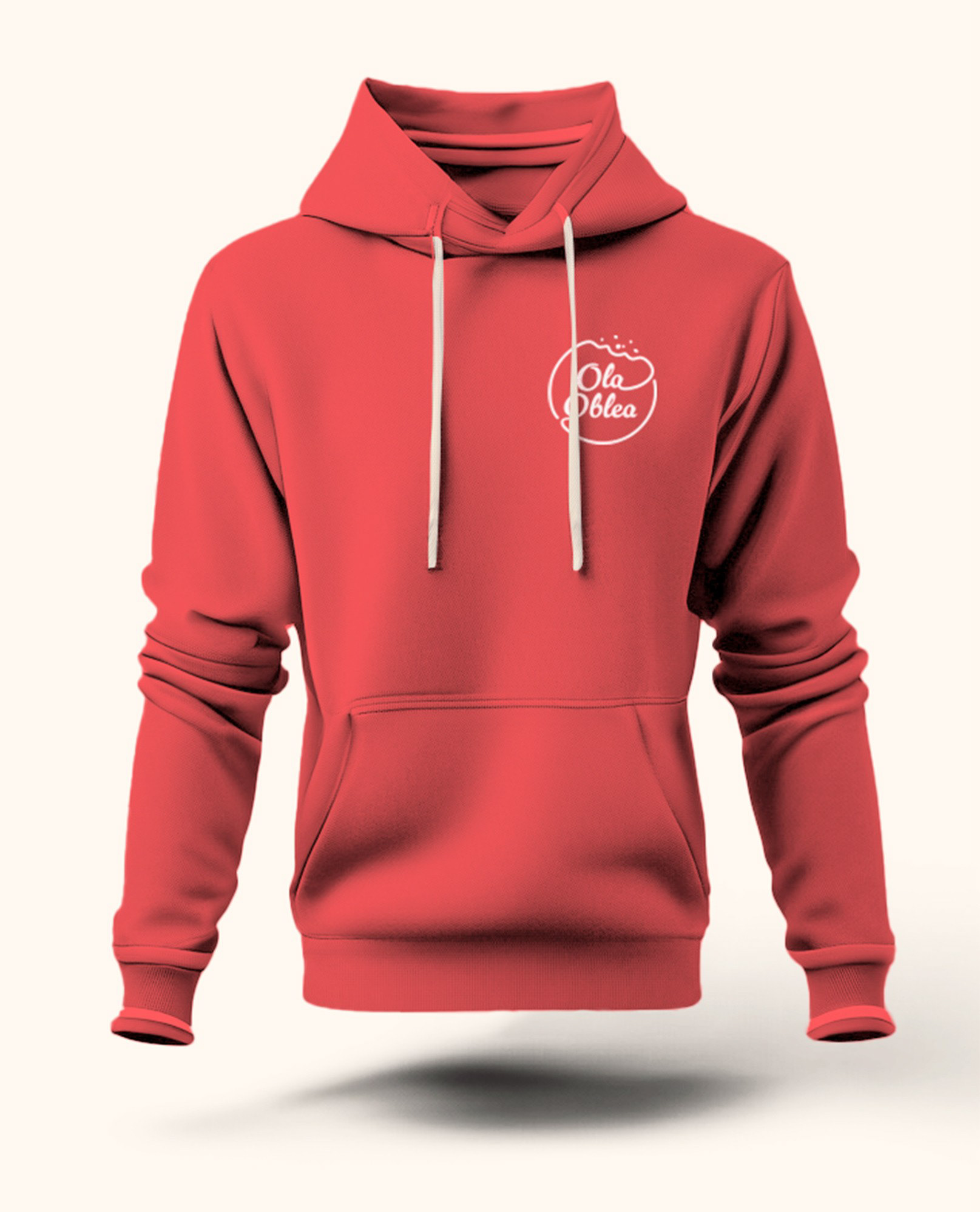 Red Ola Oblea hoodie featuring logo designed by Jorda Thomas.