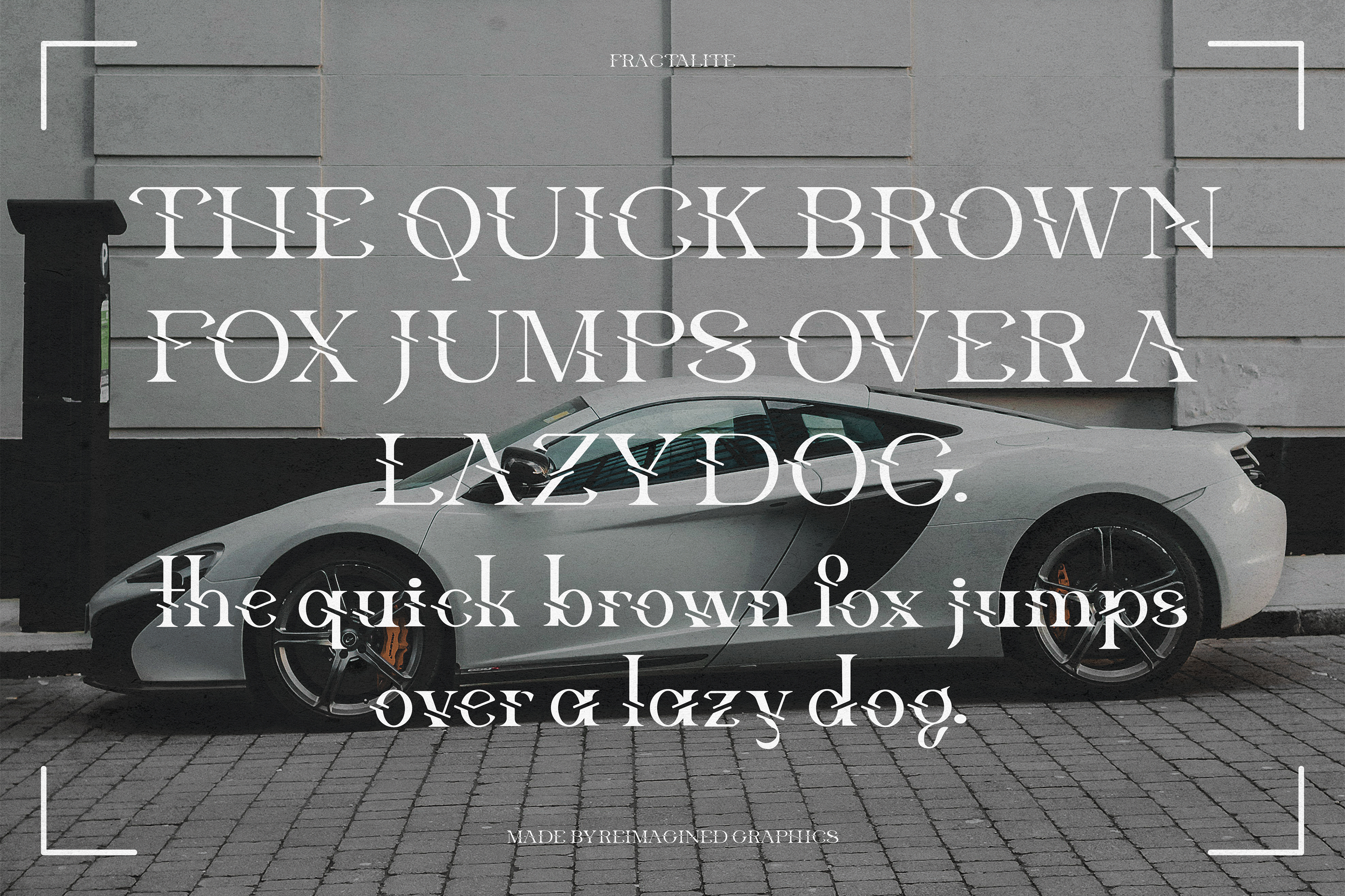 Typeface pangram showcasing the font "Fractalite" in white text over a luxury car background, designed by Jorda Thomas.