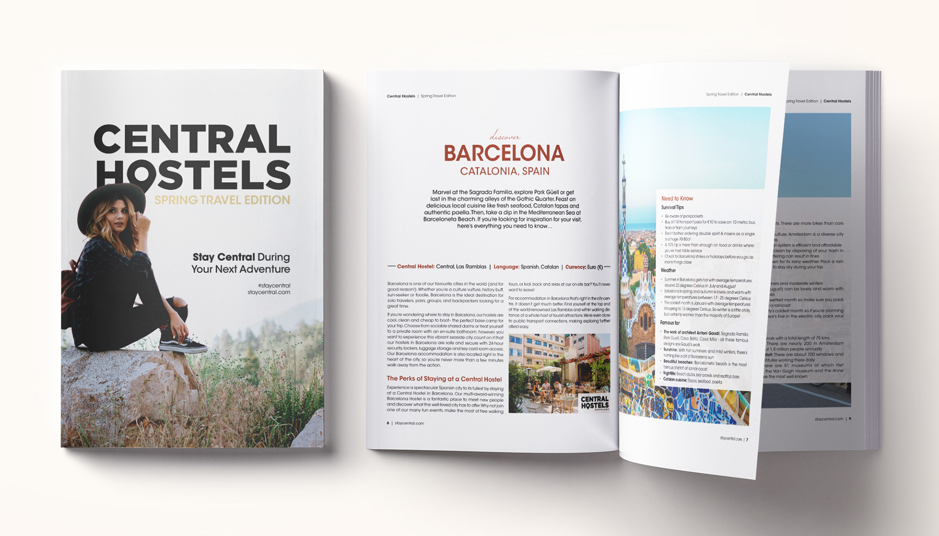 Central Hostels spring newsletter layout showcasing newest hostel locations, designed by Jorda Thomas.