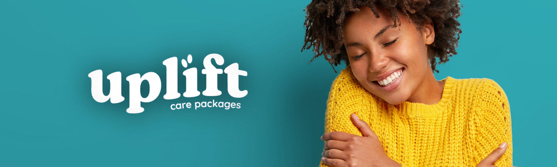 Page header design featuring UpLift logo and photo of a woman with curly hair in a yellow sweater against a blue background.