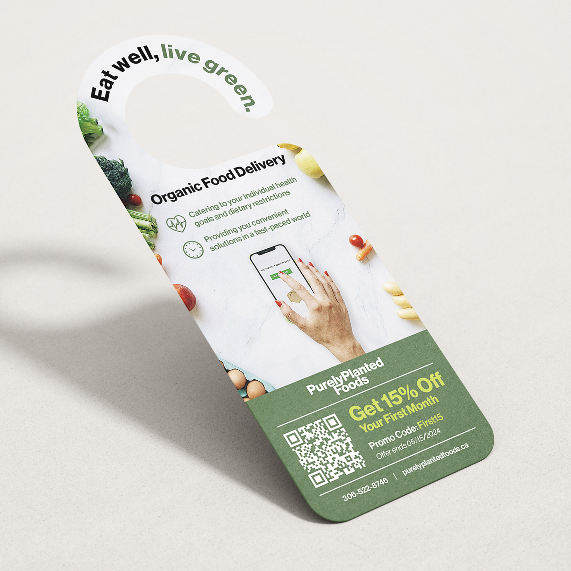 PurelyPlanted Foods door hanger with tear-away coupon, designed by Jorda Thomas.