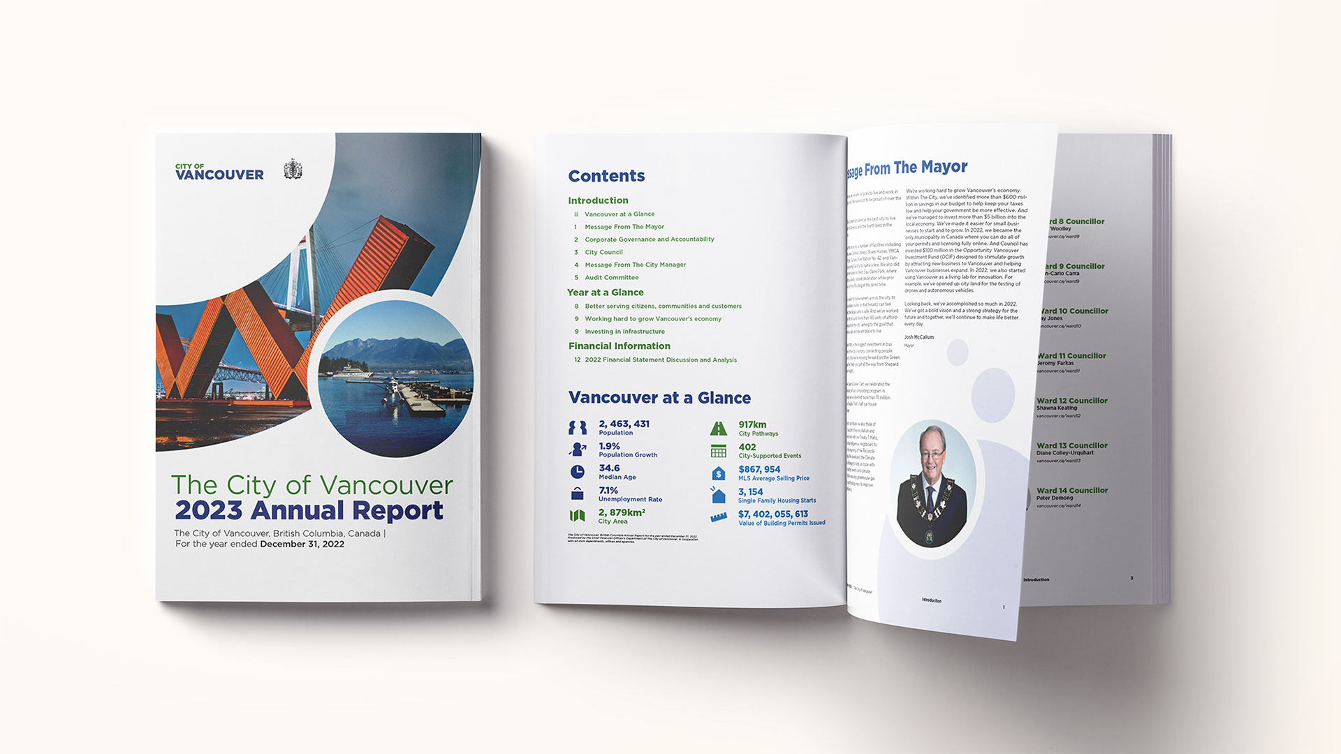 Cover and first spread showing contents and key metrics of City of Vancouver annual report, designed by Jorda Thomas.