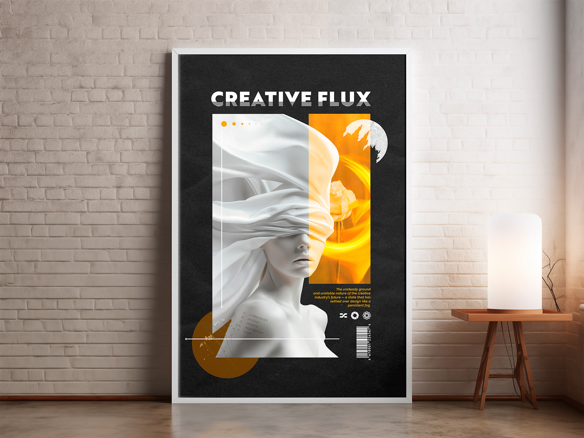 Modern poster design titled 'Creative Flux' displayed in a frame mockup against a brick wall, designed by Jorda Thomas.