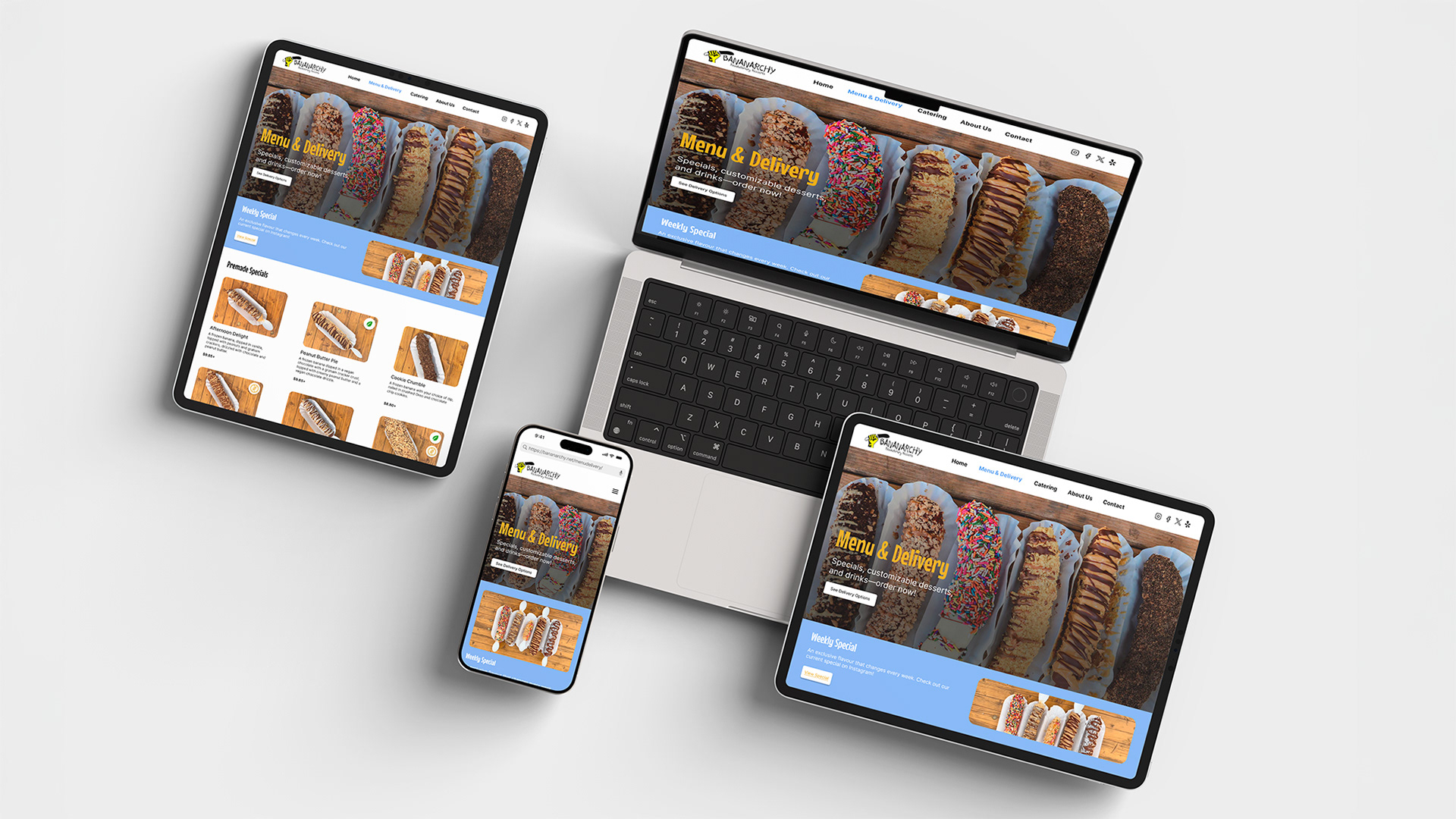 Bananarchy responsive website redesign mockup across multiple devices by Jorda Thomas.